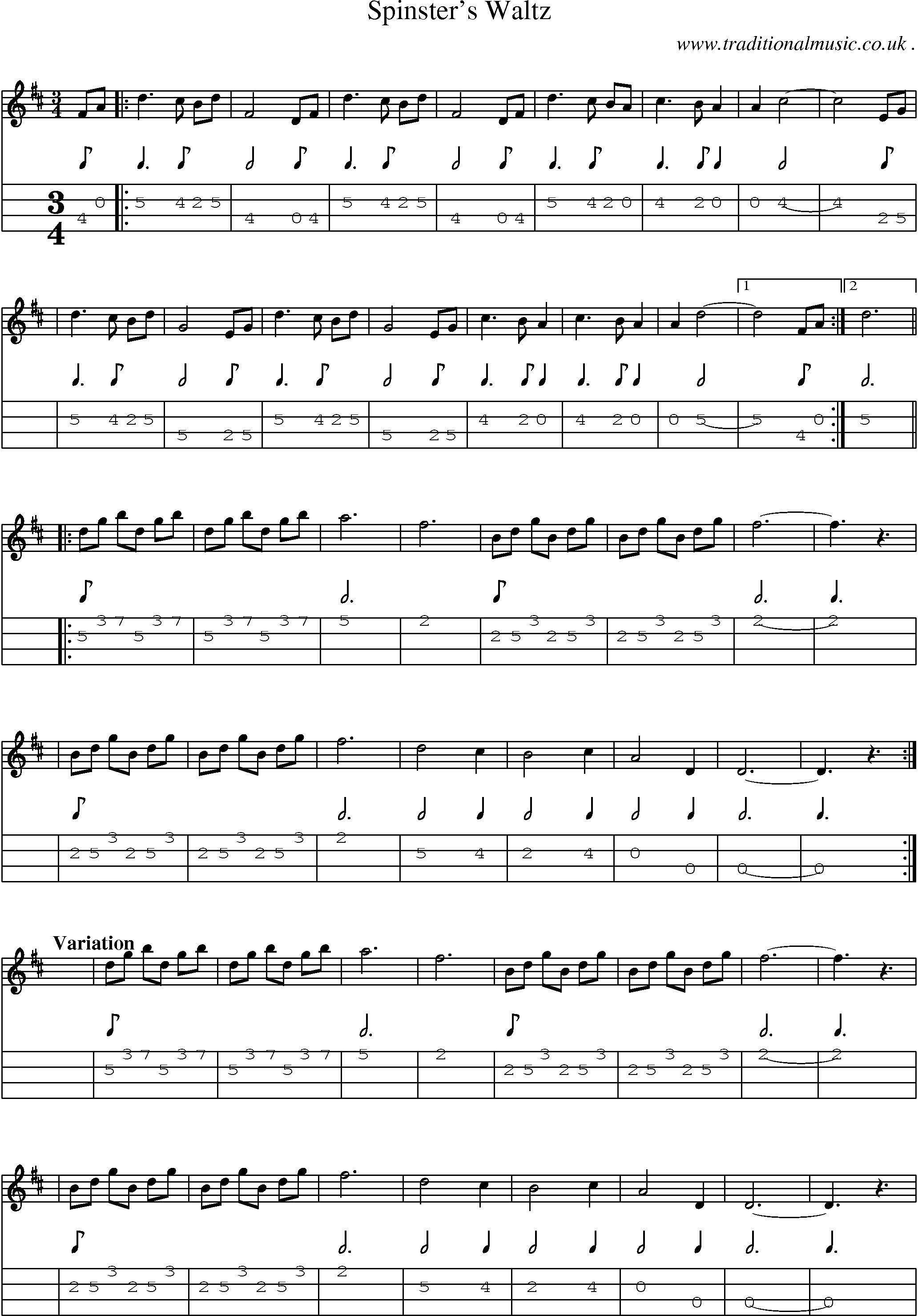 Sheet-music  score, Chords and Mandolin Tabs for Spinsters Waltz