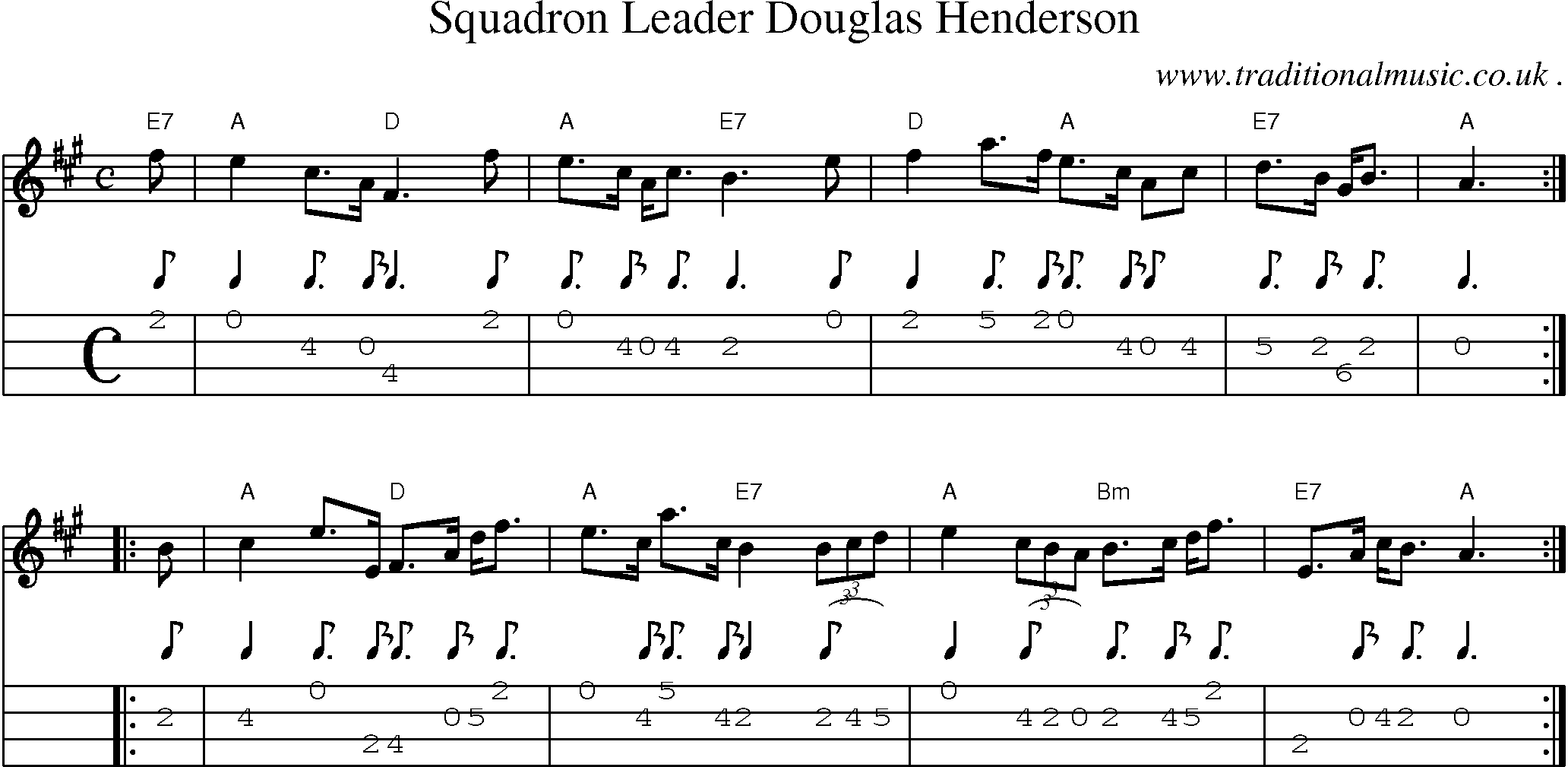 Sheet-music  score, Chords and Mandolin Tabs for Squadron Leader Douglas Henderson