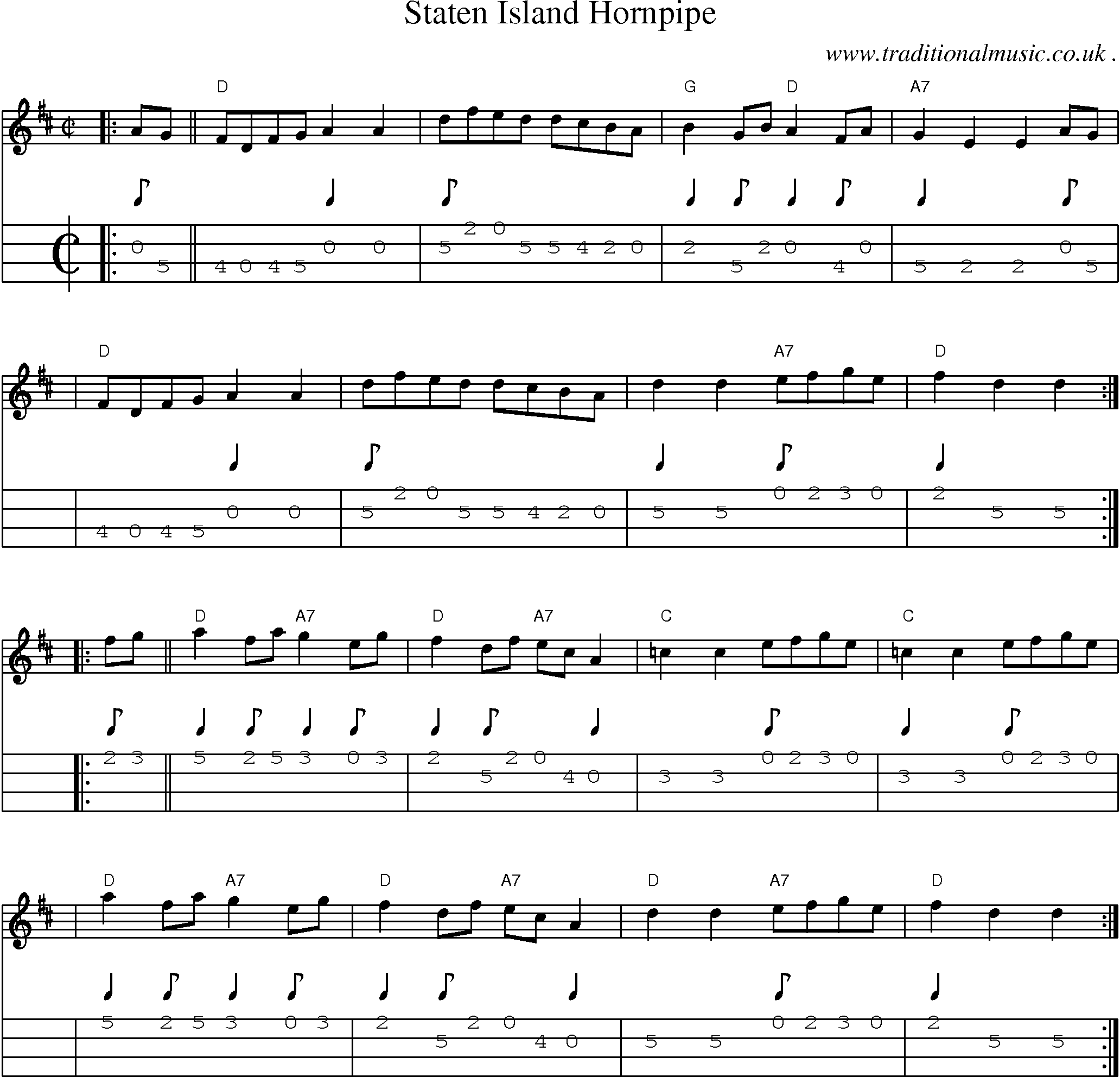 Sheet-music  score, Chords and Mandolin Tabs for Staten Island Hornpipe