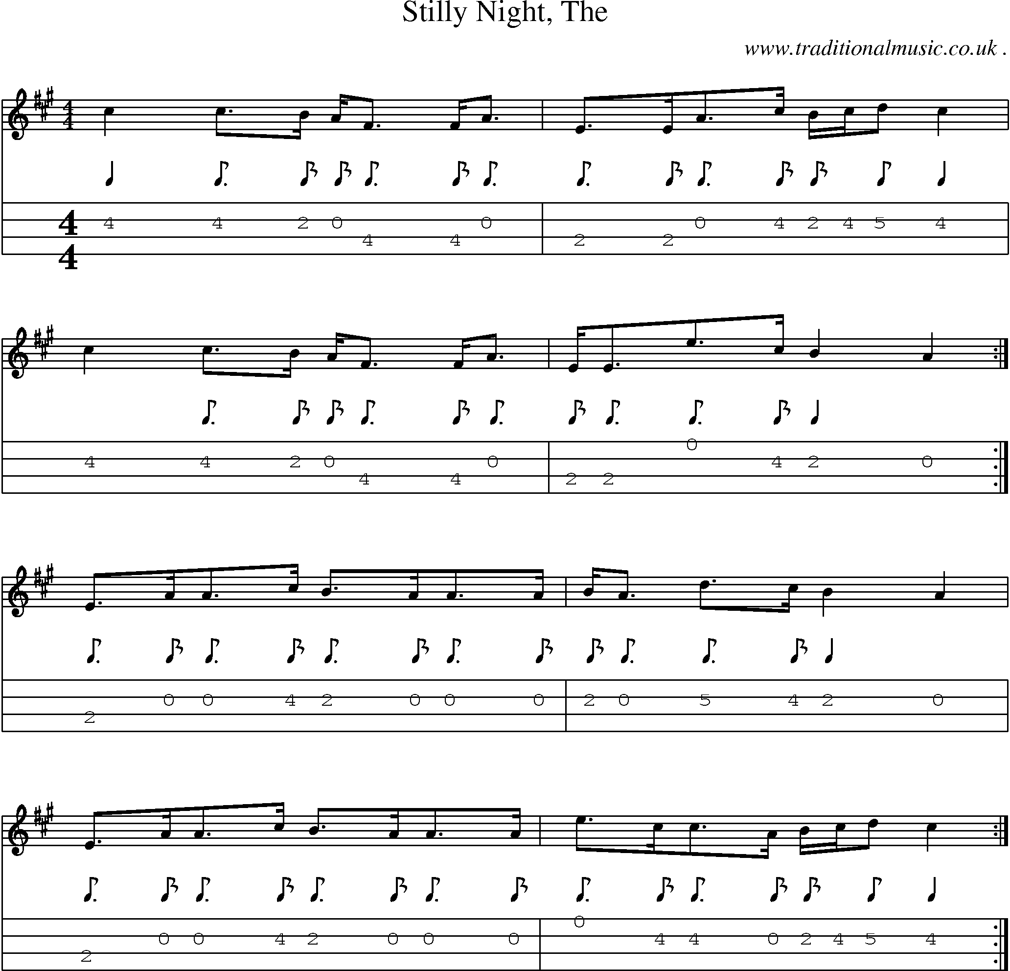 Sheet-music  score, Chords and Mandolin Tabs for Stilly Night The