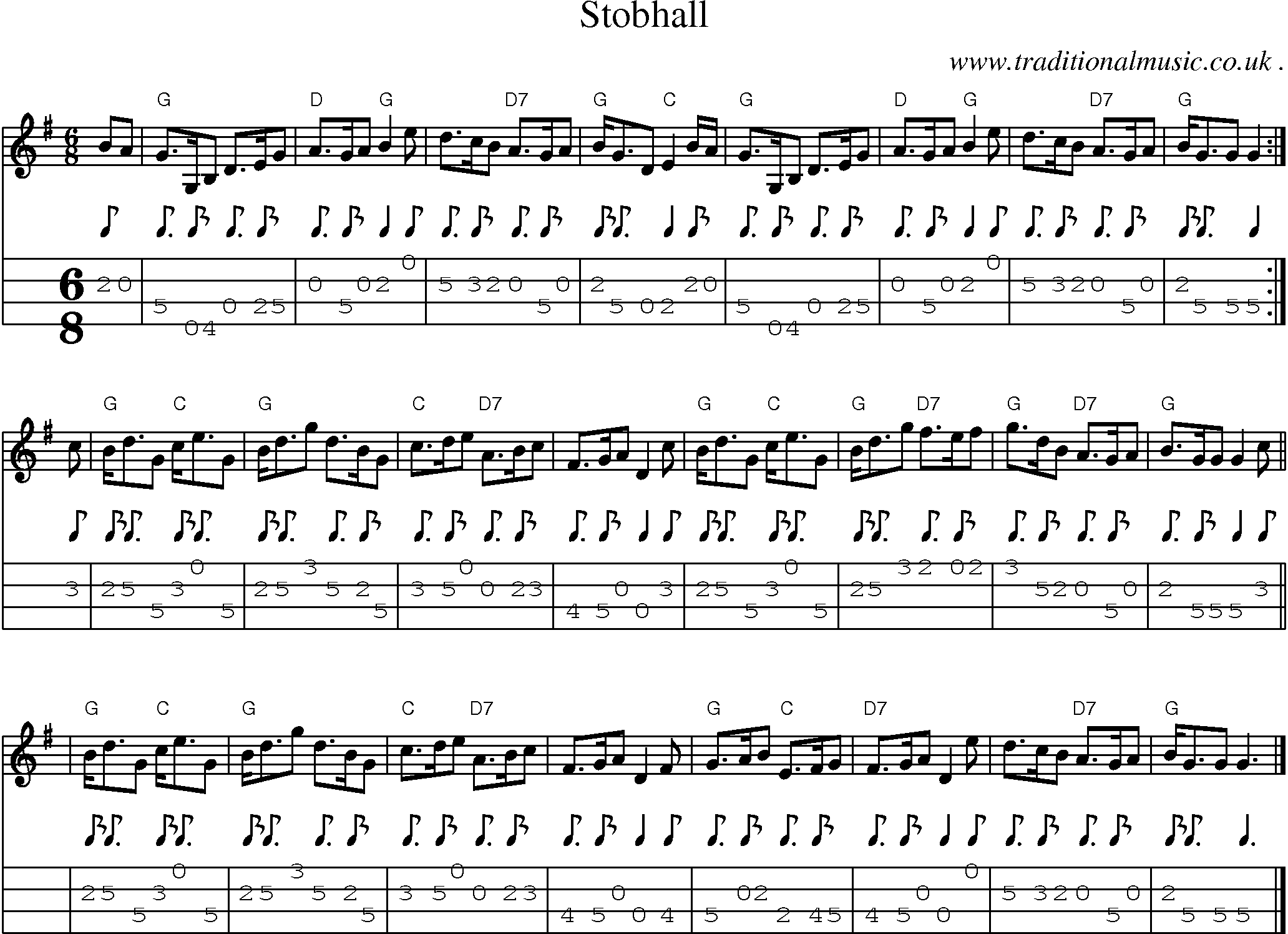Sheet-music  score, Chords and Mandolin Tabs for Stobhall