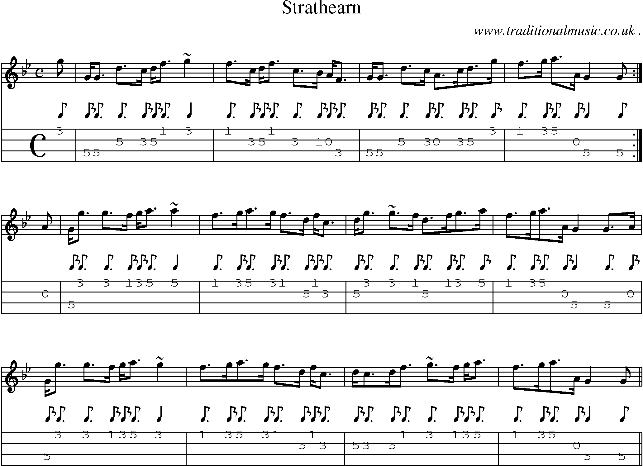 Sheet-music  score, Chords and Mandolin Tabs for Strathearn