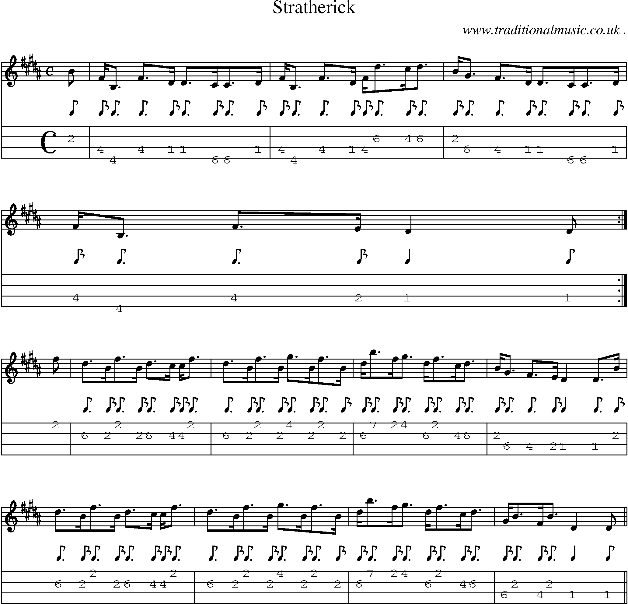 Sheet-music  score, Chords and Mandolin Tabs for Stratherick