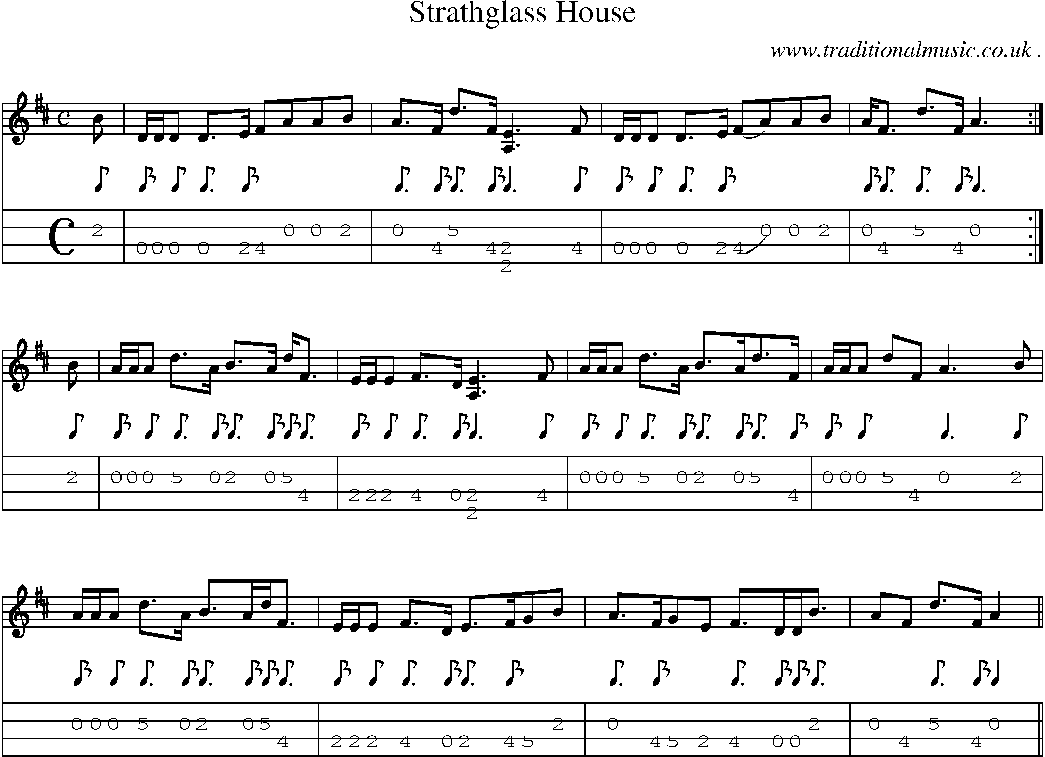 Sheet-music  score, Chords and Mandolin Tabs for Strathglass House