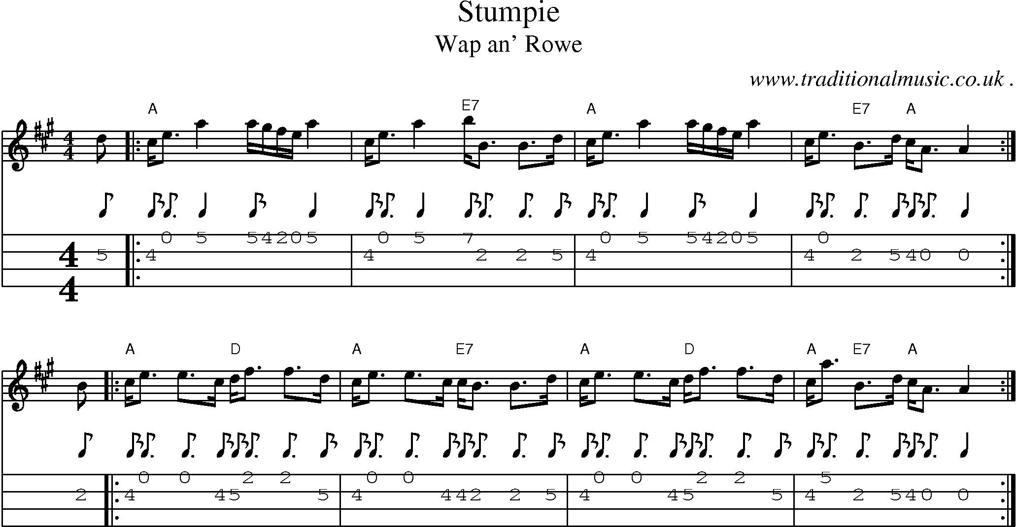 Sheet-music  score, Chords and Mandolin Tabs for Stumpie