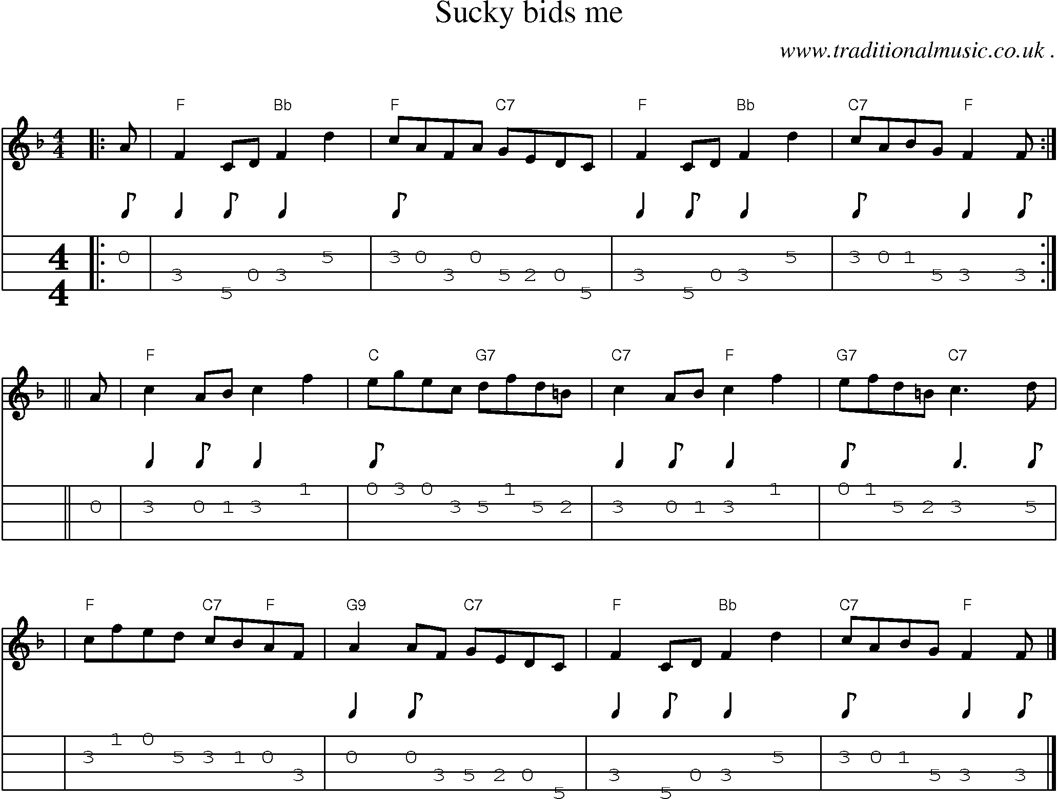 Sheet-music  score, Chords and Mandolin Tabs for Sucky Bids Me
