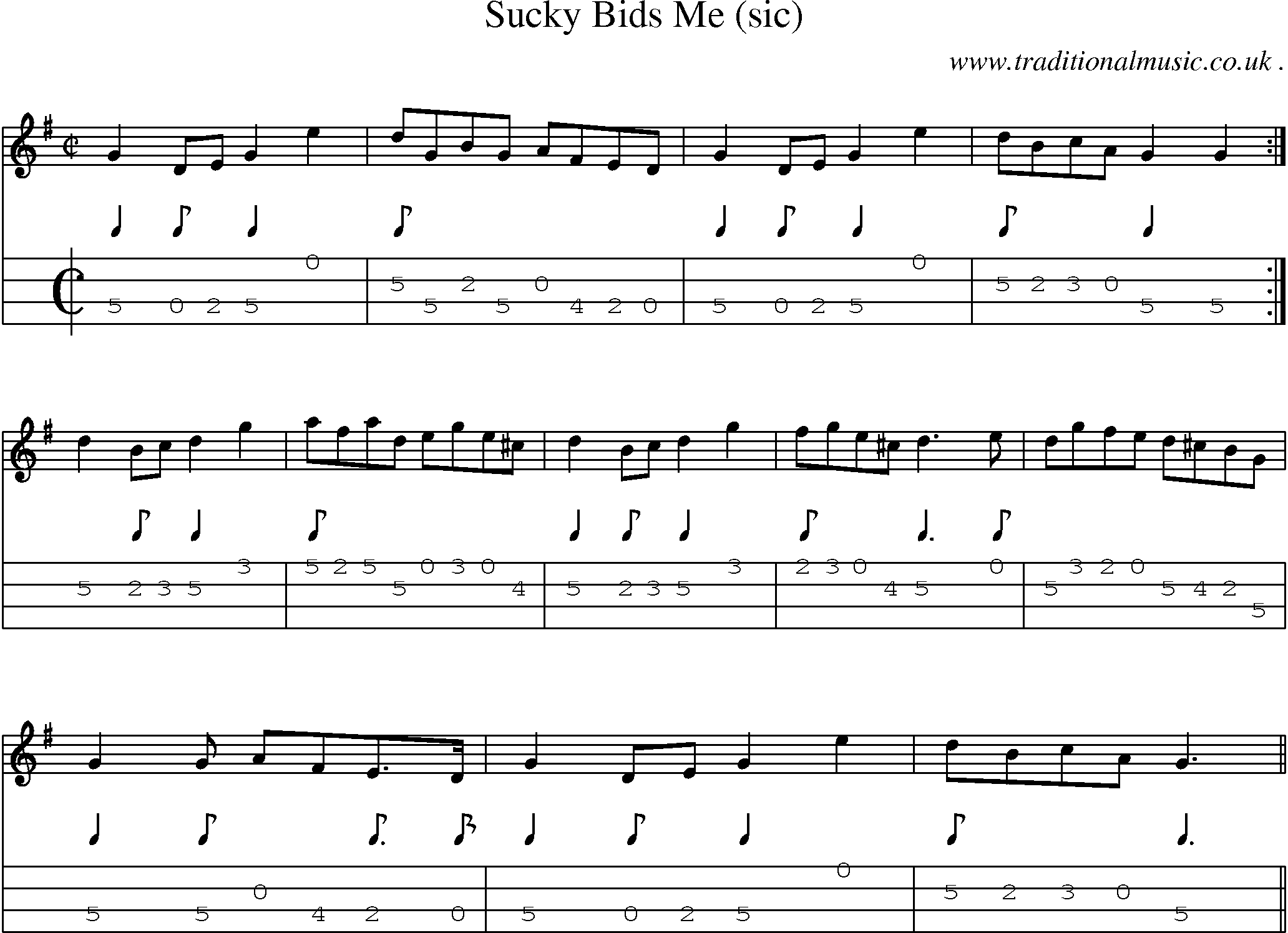 Sheet-music  score, Chords and Mandolin Tabs for Sucky Bids Me Sic