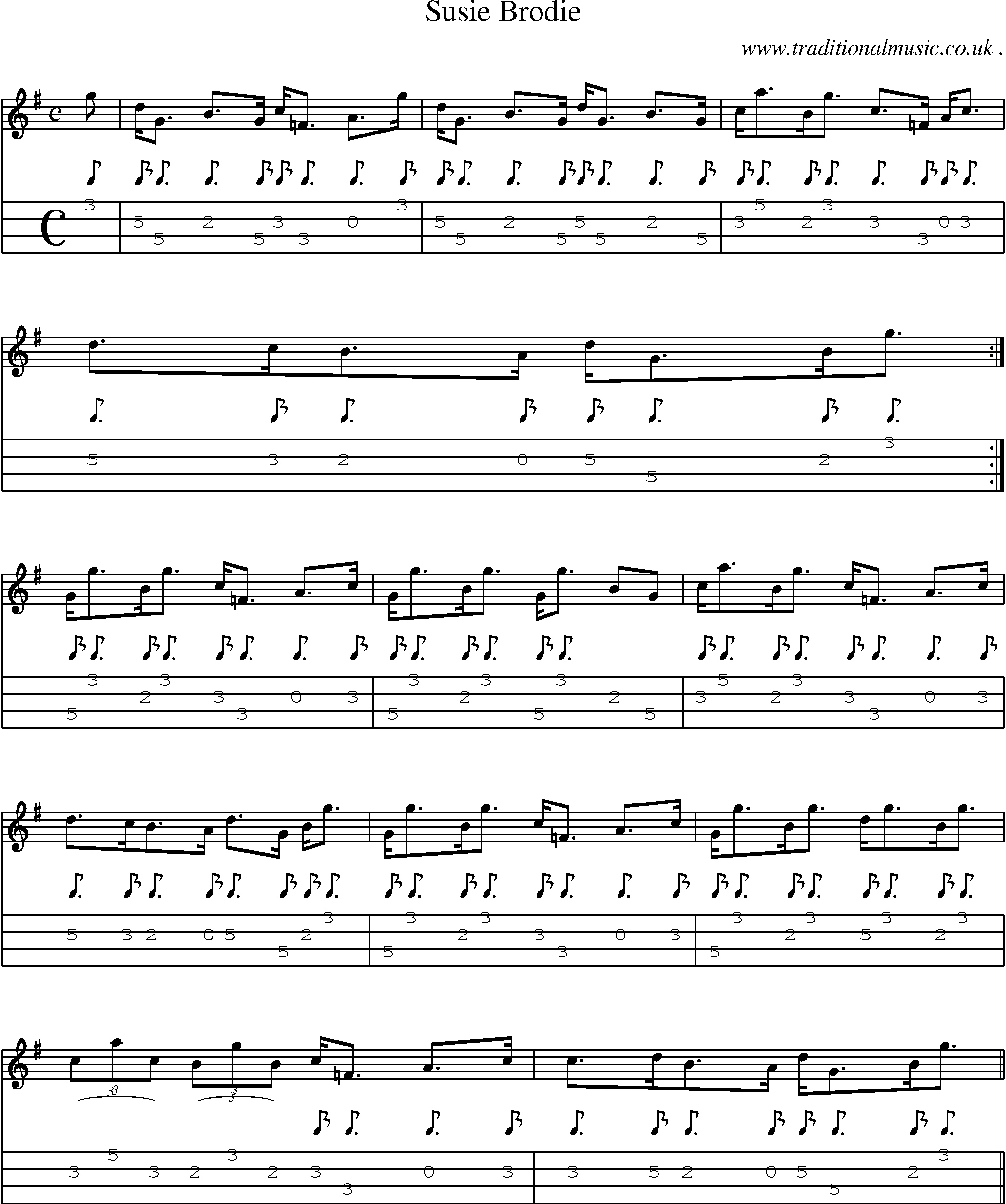 Sheet-music  score, Chords and Mandolin Tabs for Susie Brodie
