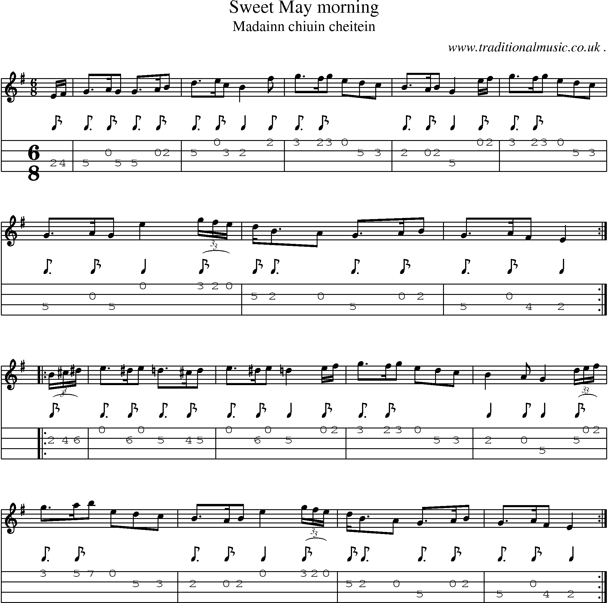 Sheet-music  score, Chords and Mandolin Tabs for Sweet May Morning