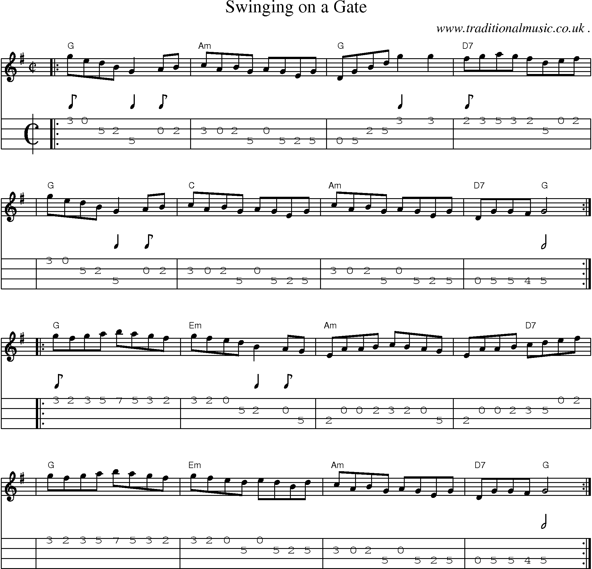 Sheet-music  score, Chords and Mandolin Tabs for Swinging On A Gate