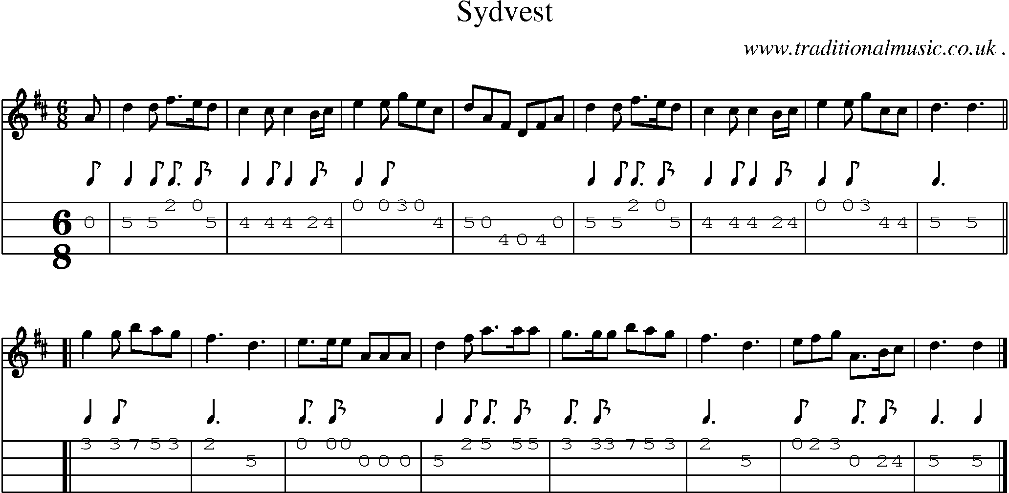 Sheet-music  score, Chords and Mandolin Tabs for Sydvest