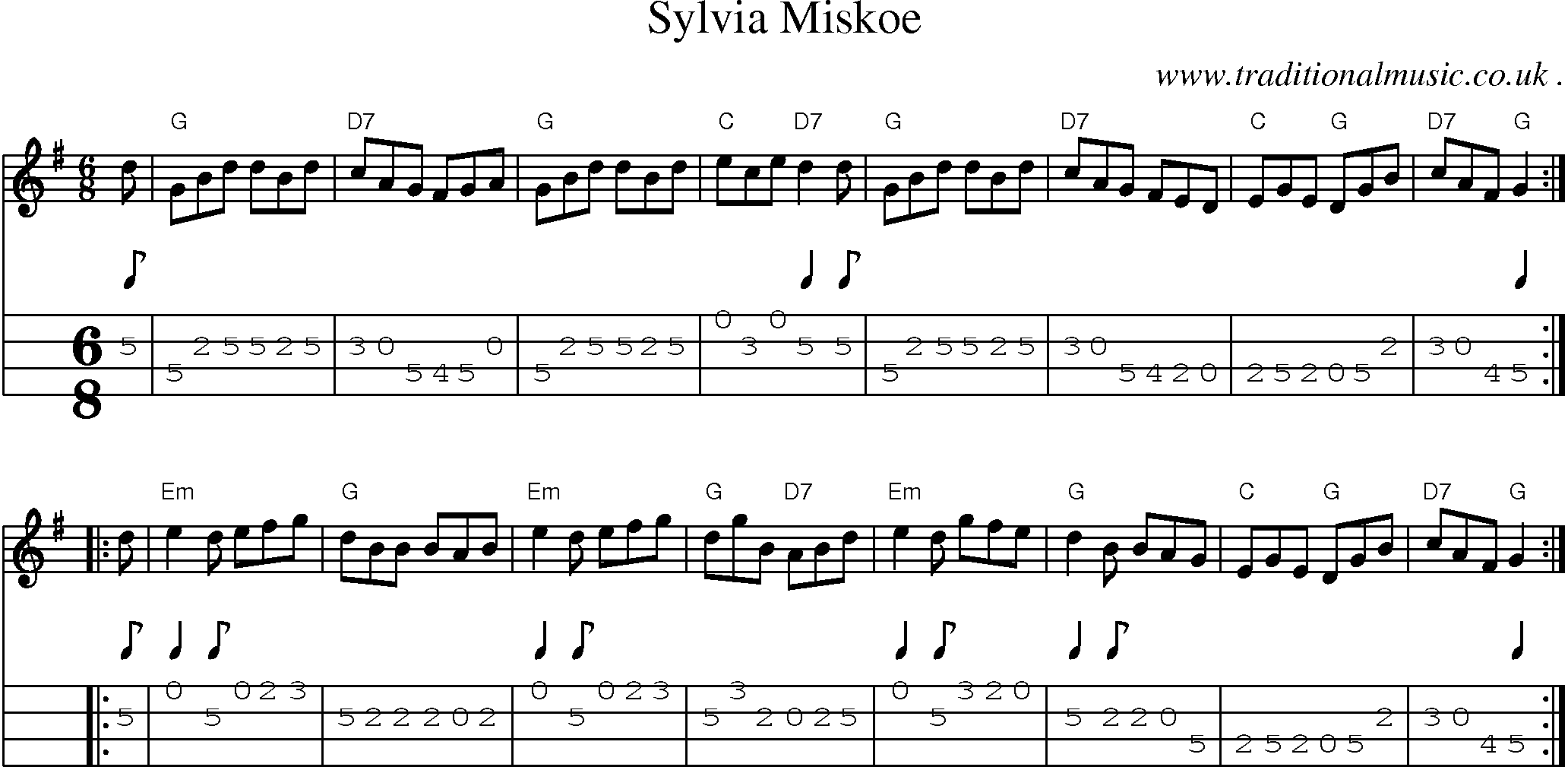 Sheet-music  score, Chords and Mandolin Tabs for Sylvia Miskoe