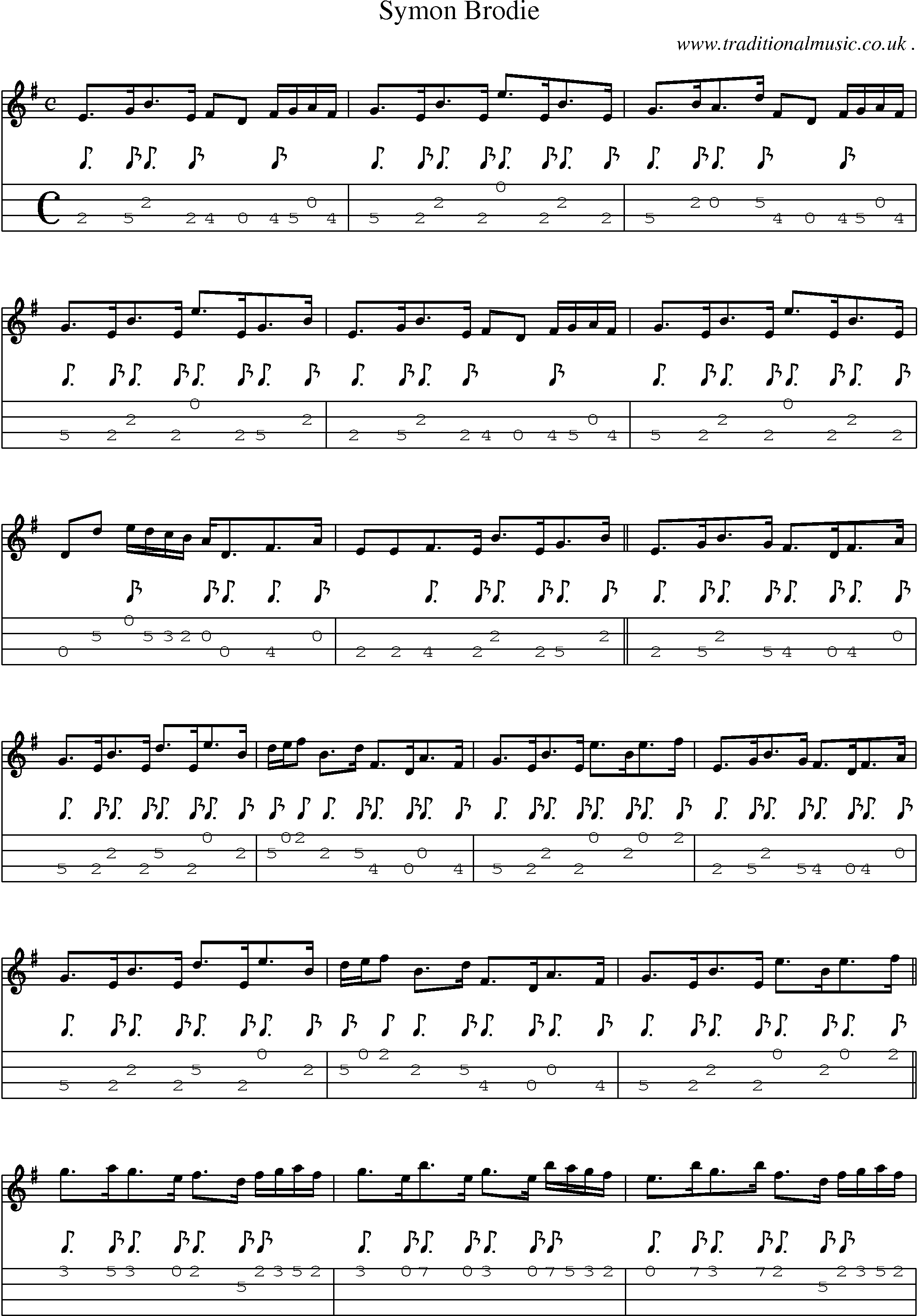 Sheet-music  score, Chords and Mandolin Tabs for Symon Brodie