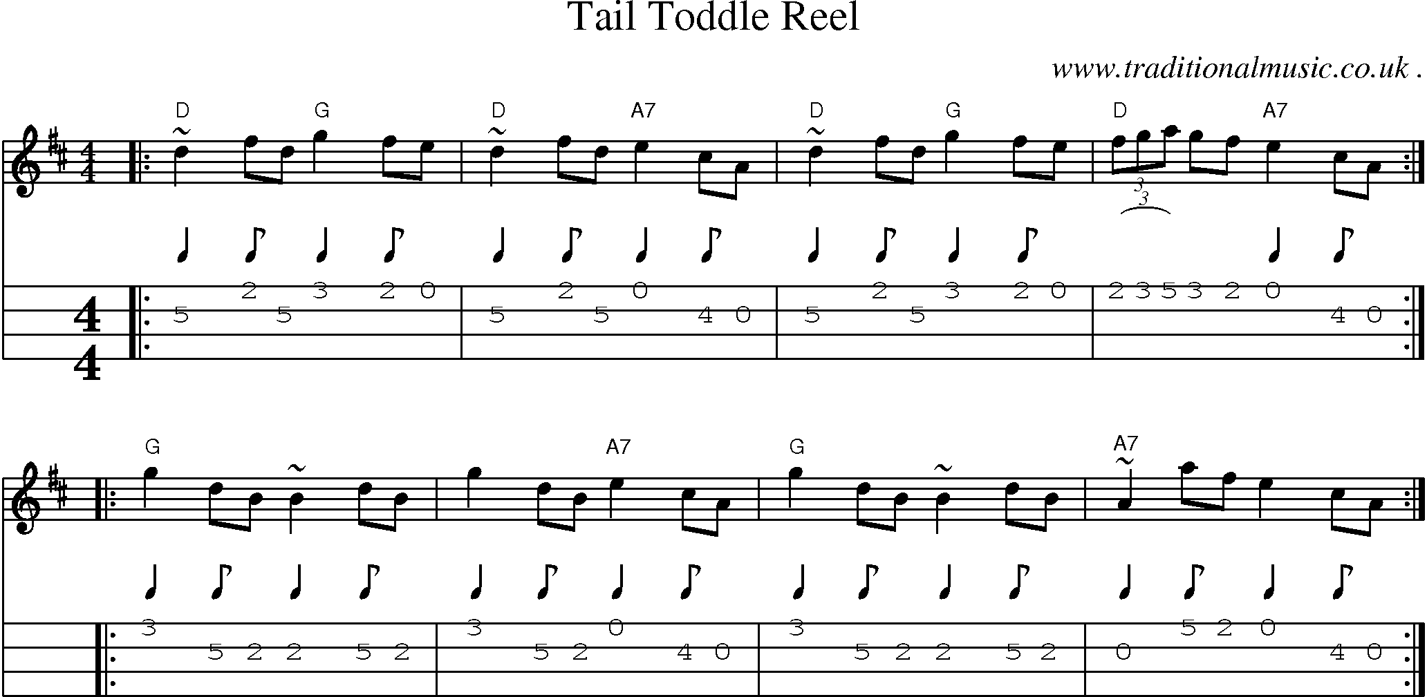 Sheet-music  score, Chords and Mandolin Tabs for Tail Toddle Reel