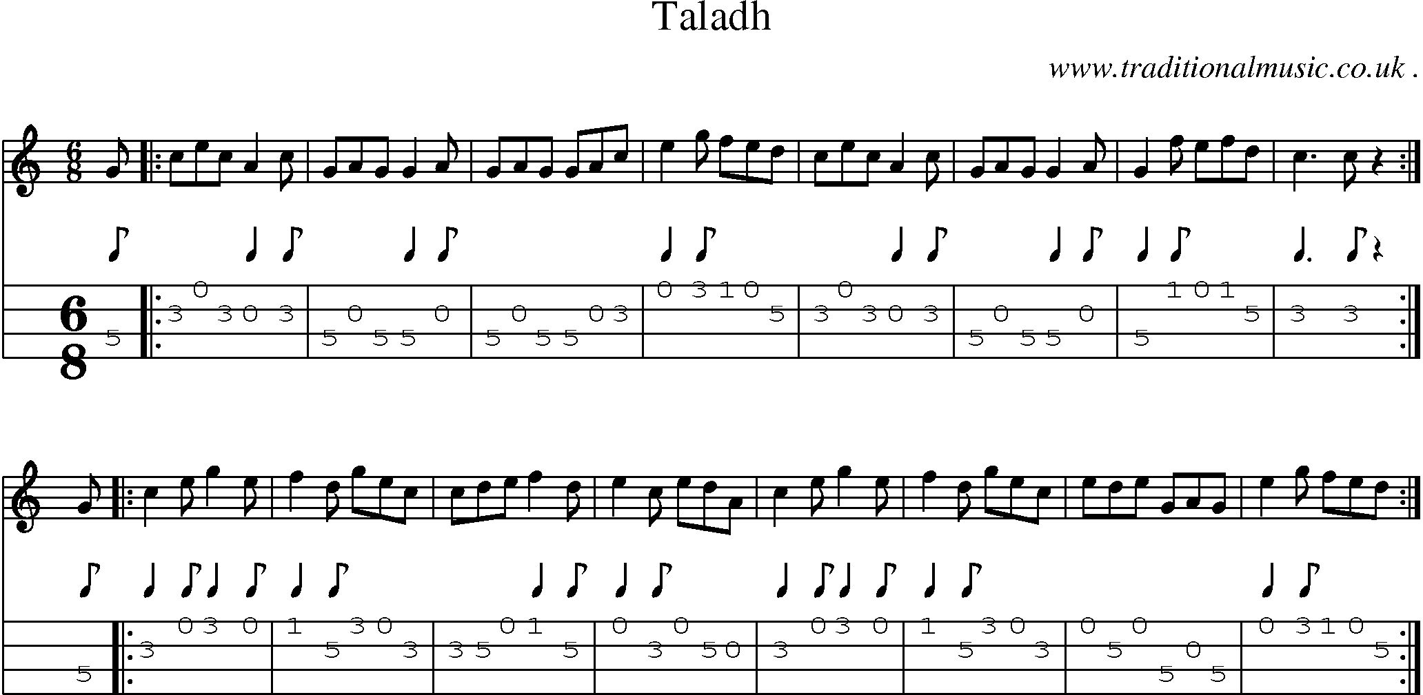 Sheet-music  score, Chords and Mandolin Tabs for Taladh