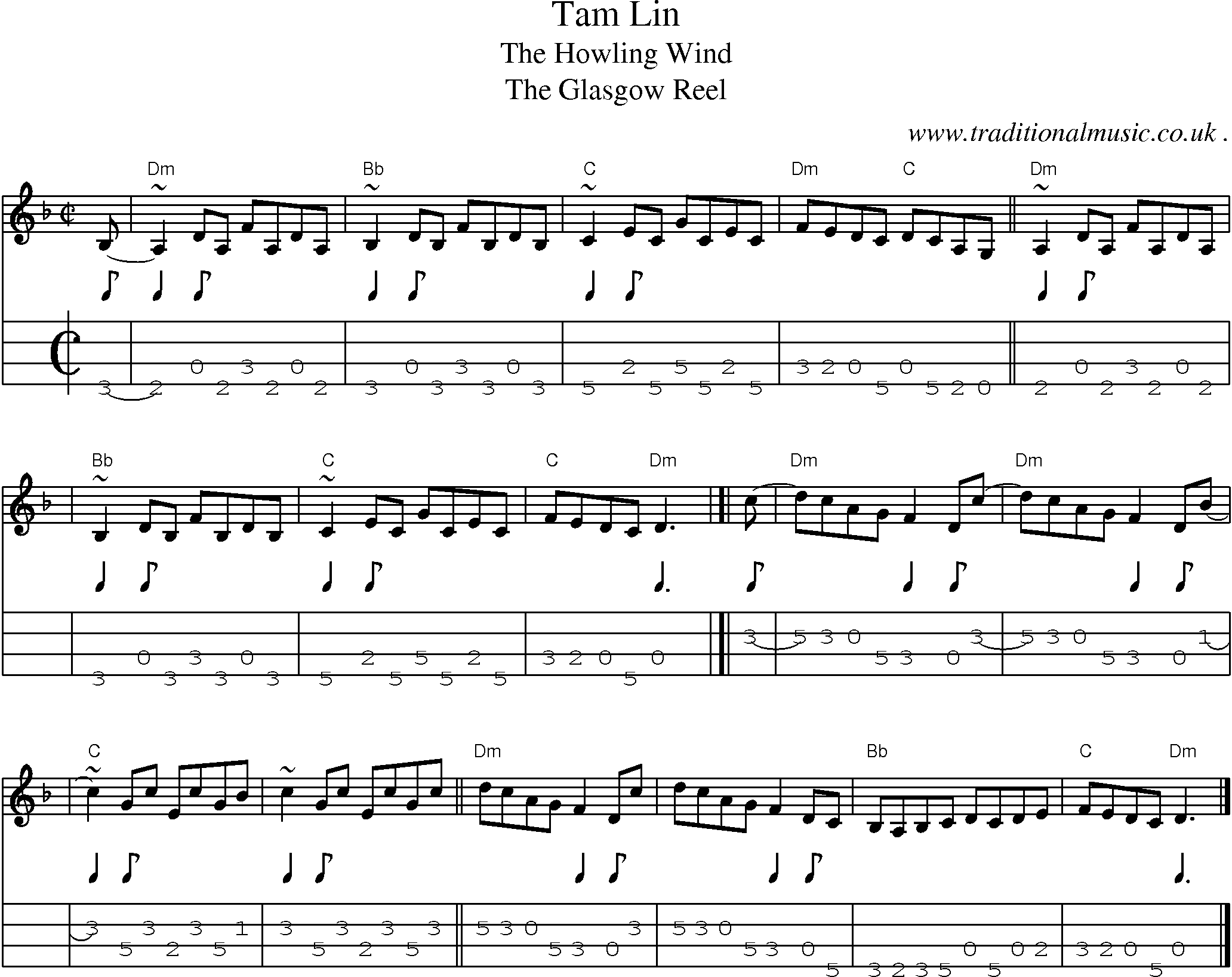 Sheet-music  score, Chords and Mandolin Tabs for Tam Lin