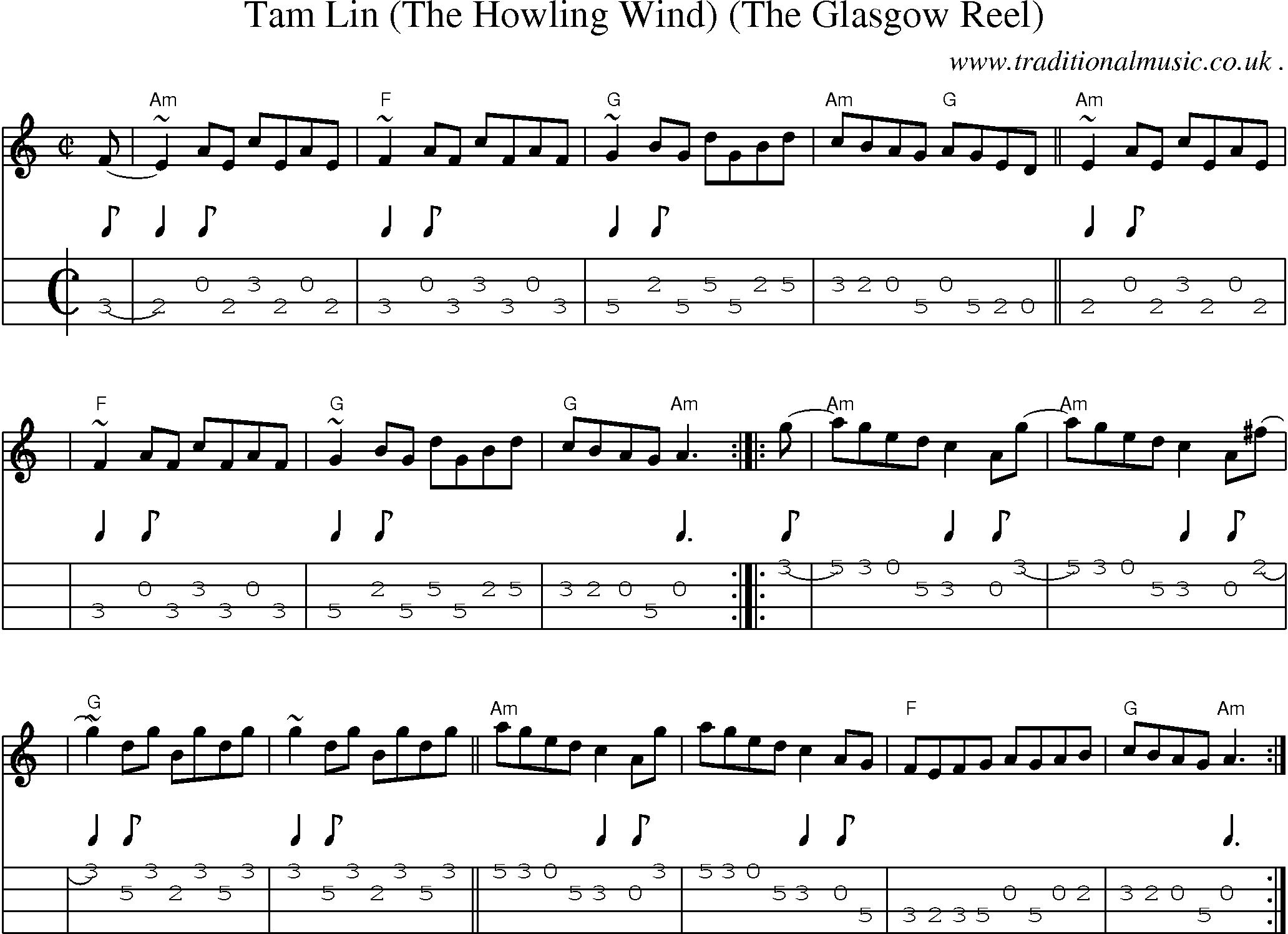 Sheet-music  score, Chords and Mandolin Tabs for Tam Lin The Howling Wind The Glasgow Reel