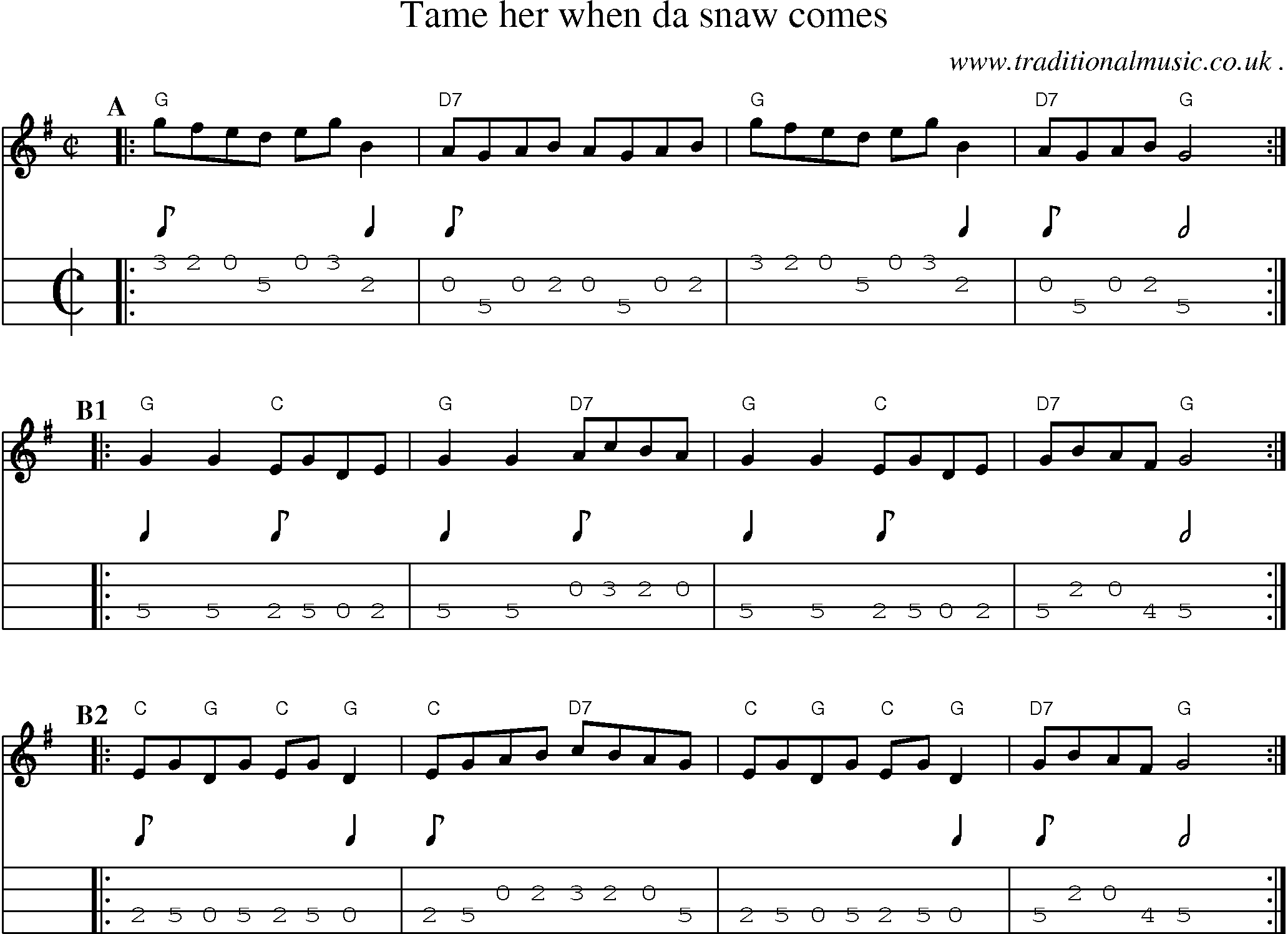 Sheet-music  score, Chords and Mandolin Tabs for Tame Her When Da Snaw Comes