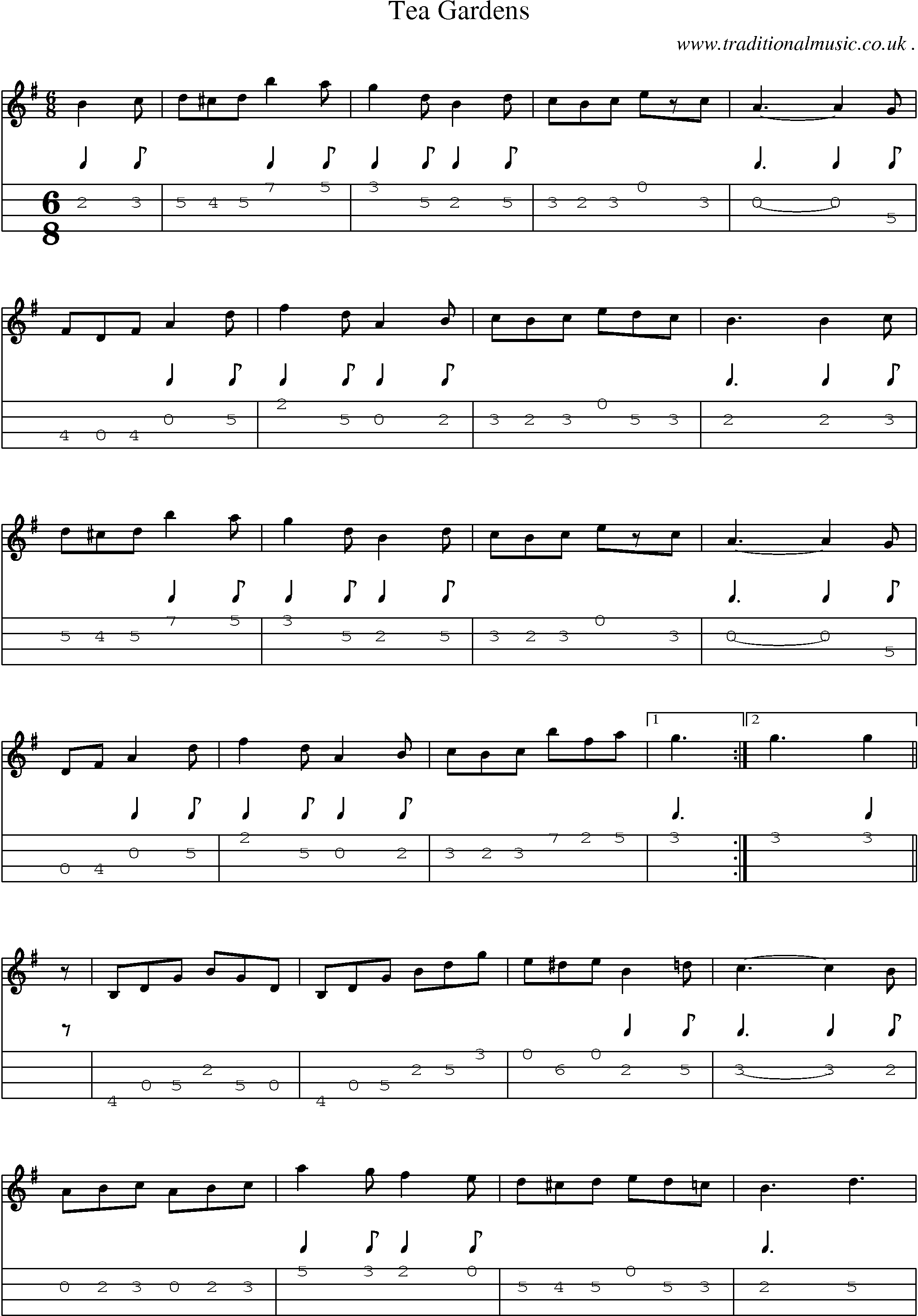 Sheet-music  score, Chords and Mandolin Tabs for Tea Gardens