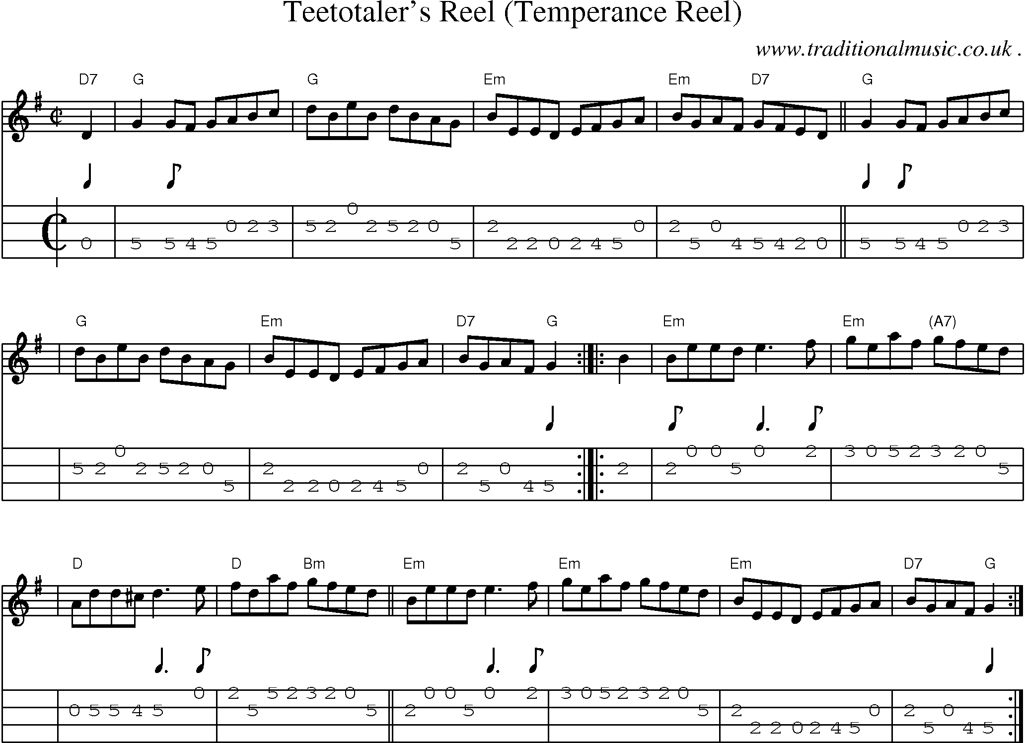 Sheet-music  score, Chords and Mandolin Tabs for Teetotalers Reel Temperance Reel