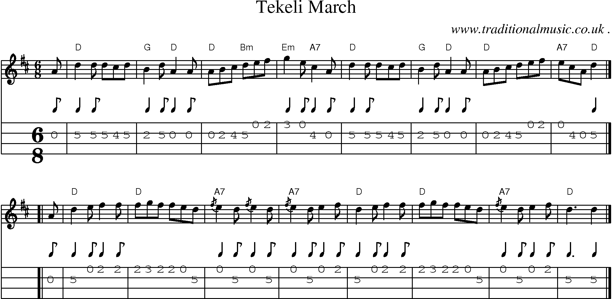Sheet-music  score, Chords and Mandolin Tabs for Tekeli March