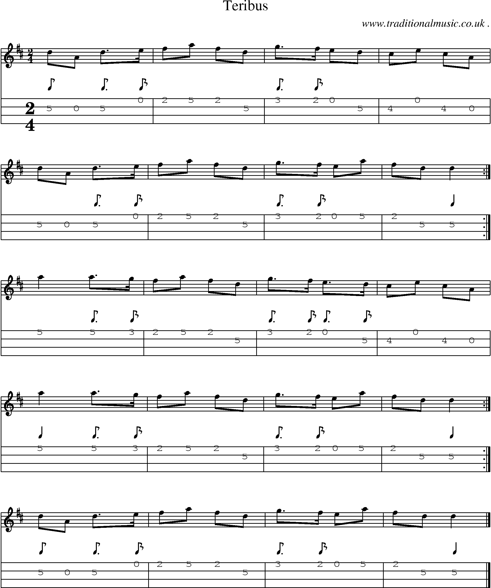 Sheet-music  score, Chords and Mandolin Tabs for Teribus