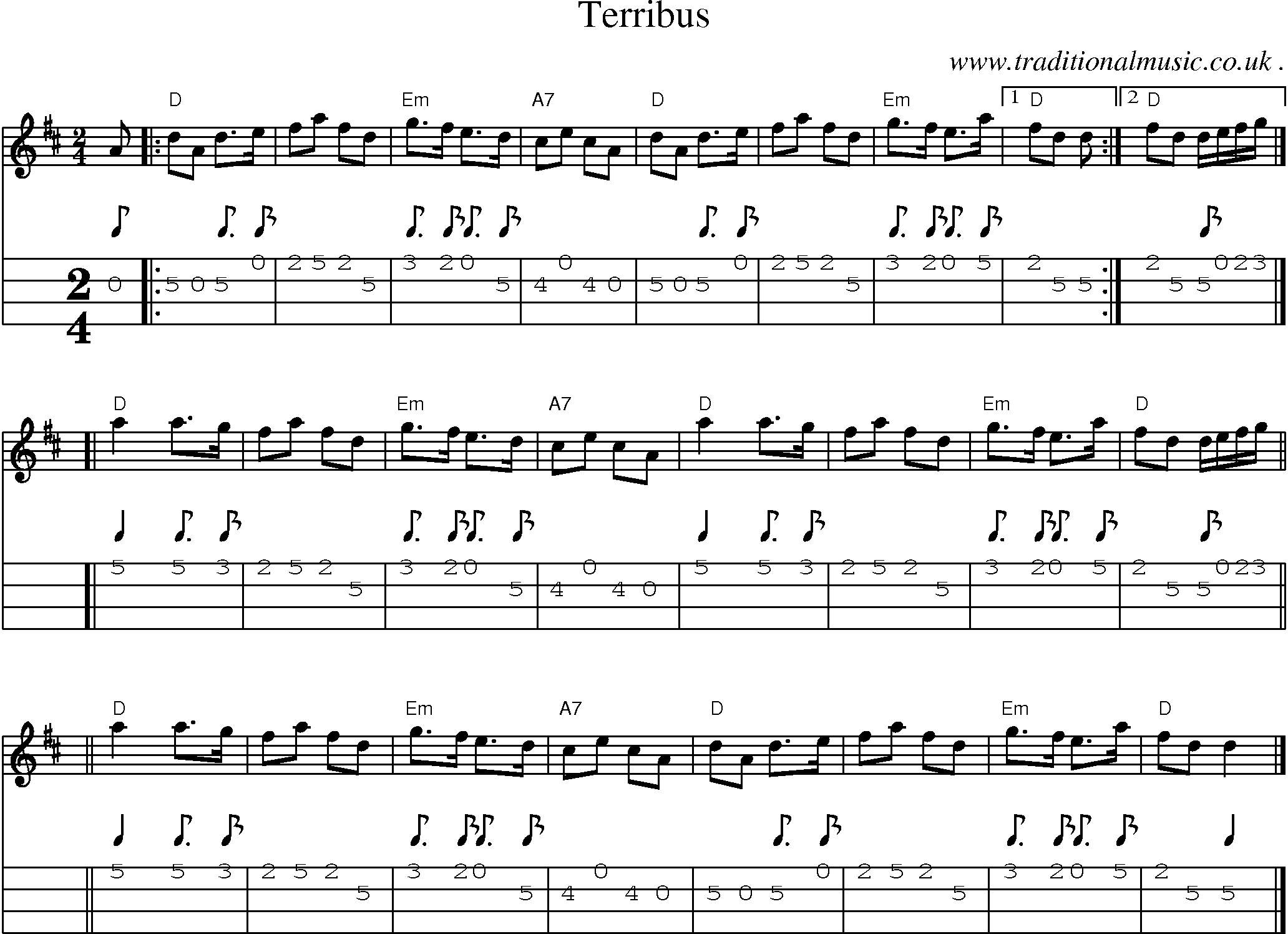 Sheet-music  score, Chords and Mandolin Tabs for Terribus
