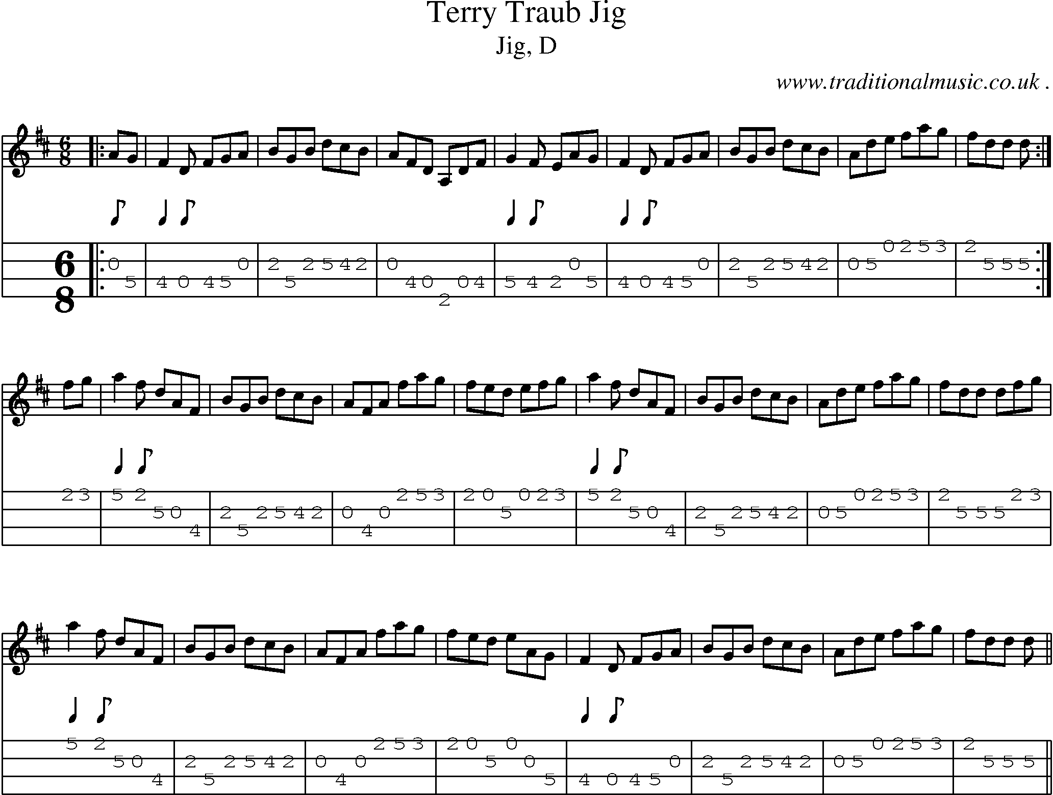 Sheet-music  score, Chords and Mandolin Tabs for Terry Traub Jig