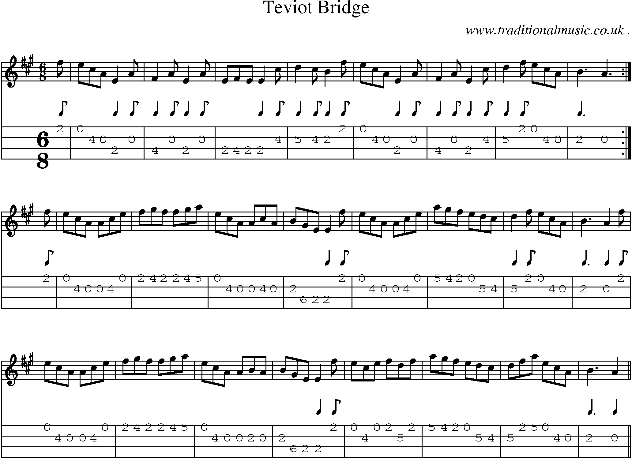 Sheet-music  score, Chords and Mandolin Tabs for Teviot Bridge