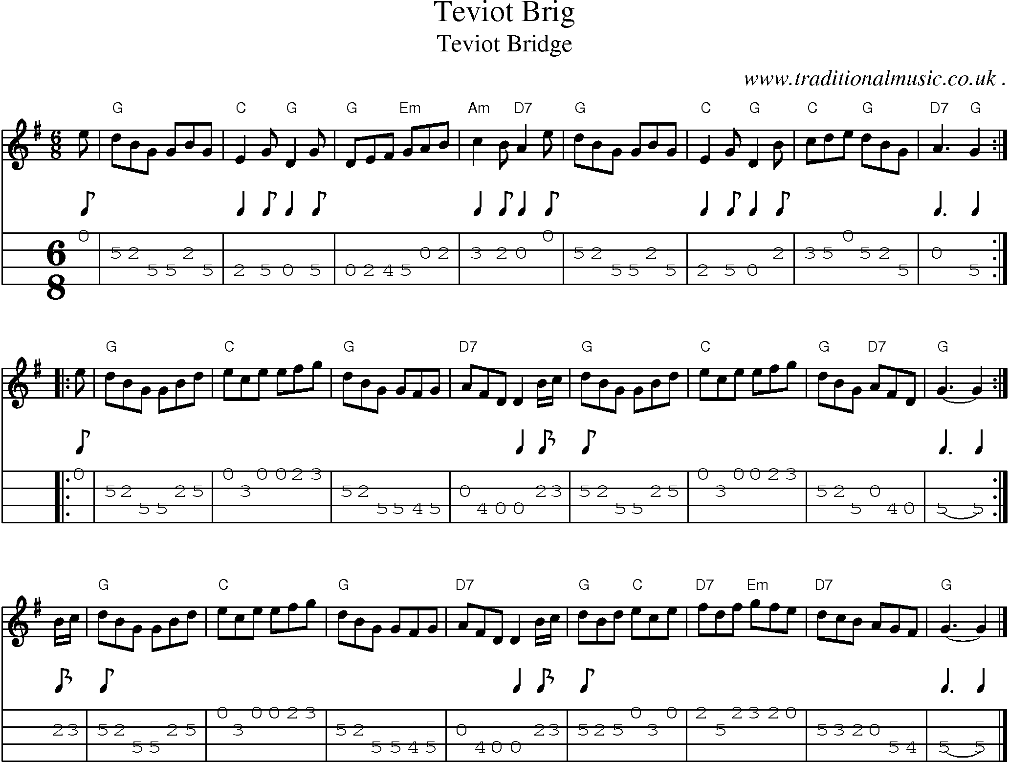 Sheet-music  score, Chords and Mandolin Tabs for Teviot Brig