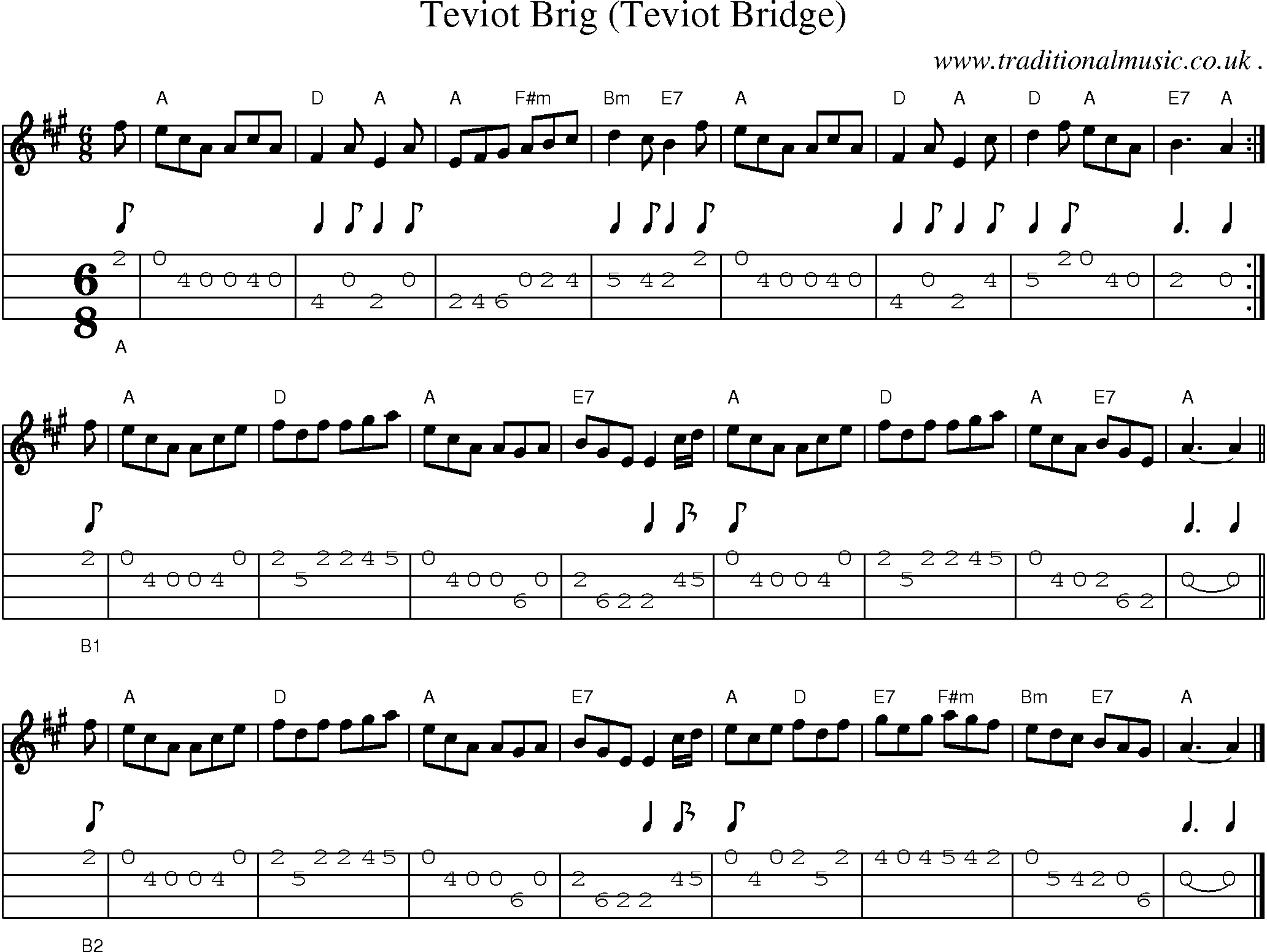 Sheet-music  score, Chords and Mandolin Tabs for Teviot Brig Teviot Bridge