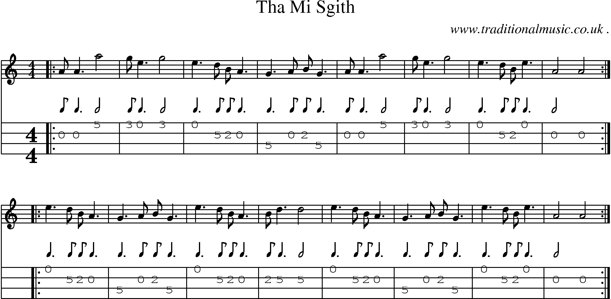 Sheet-music  score, Chords and Mandolin Tabs for Tha Mi Sgith
