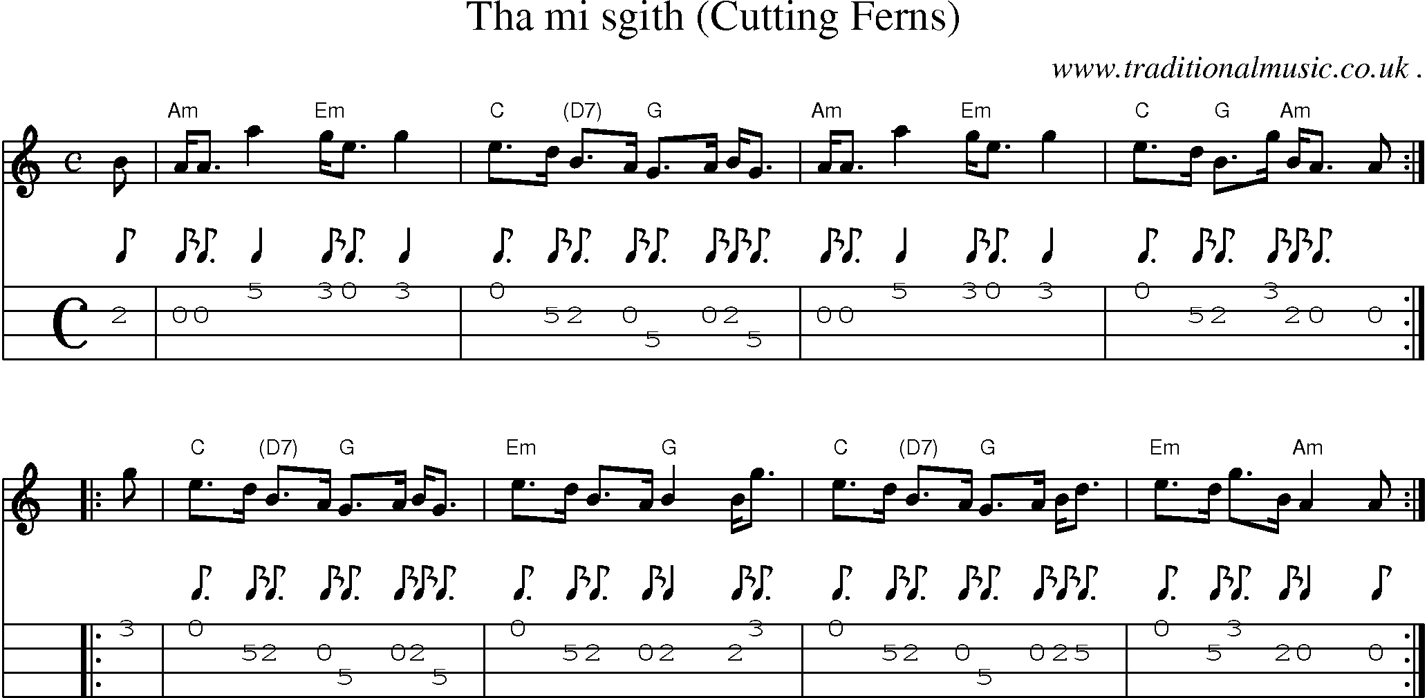 Sheet-music  score, Chords and Mandolin Tabs for Tha Mi Sgith Cutting Ferns