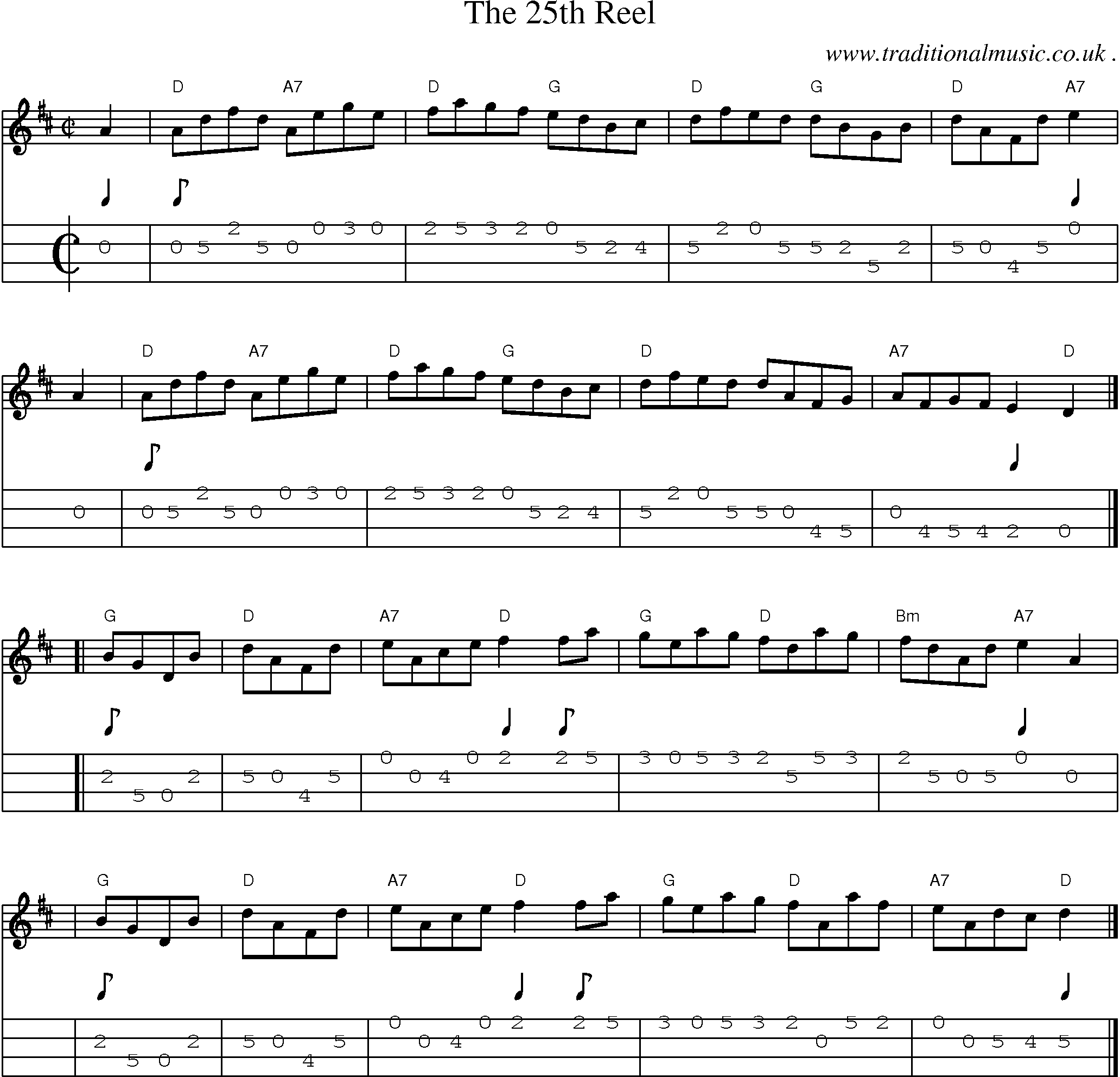 Sheet-music  score, Chords and Mandolin Tabs for The 25th Reel
