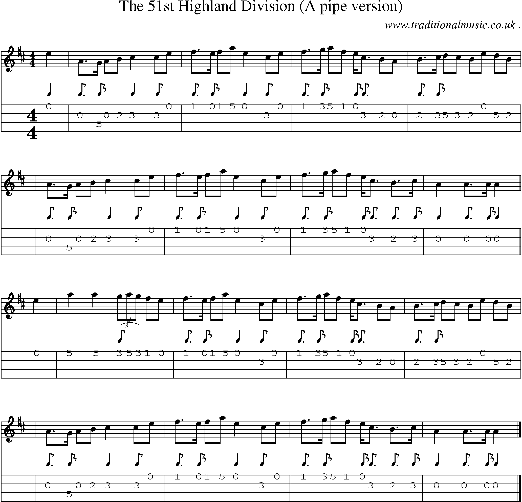 Sheet-music  score, Chords and Mandolin Tabs for The 51st Highland Division A Pipe Version