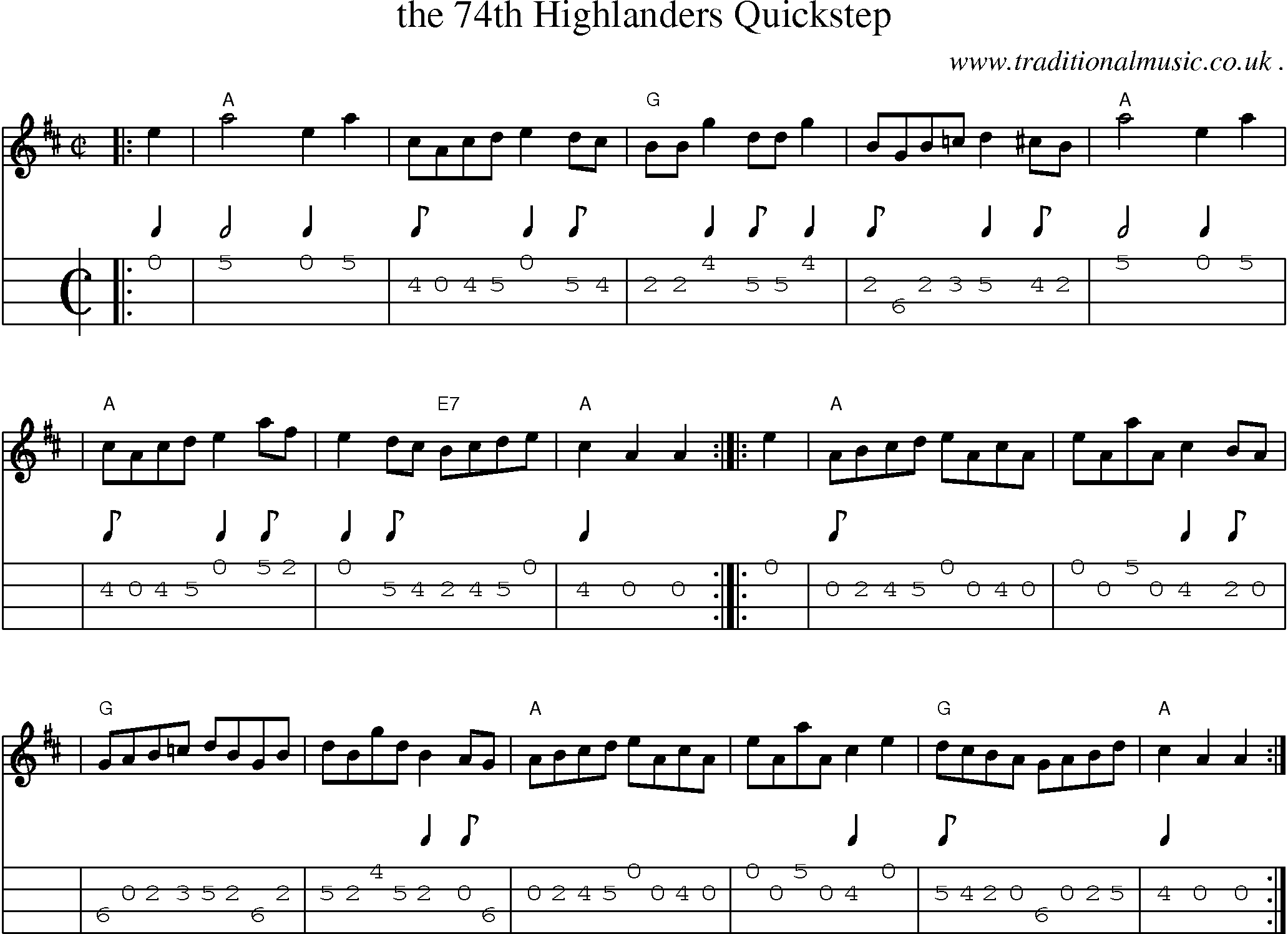 Sheet-music  score, Chords and Mandolin Tabs for The 74th Highlanders Quickstep