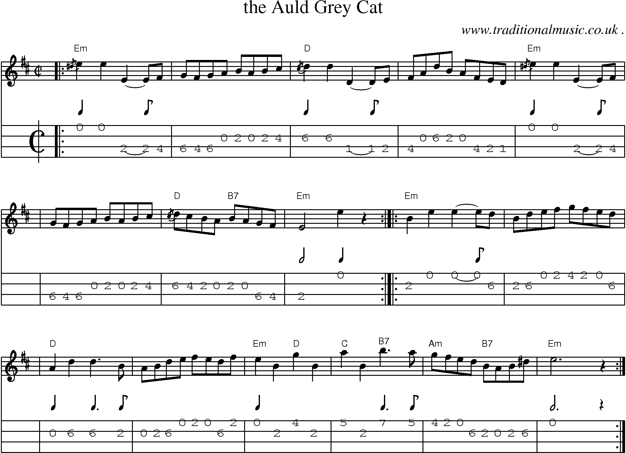 Sheet-music  score, Chords and Mandolin Tabs for The Auld Grey Cat
