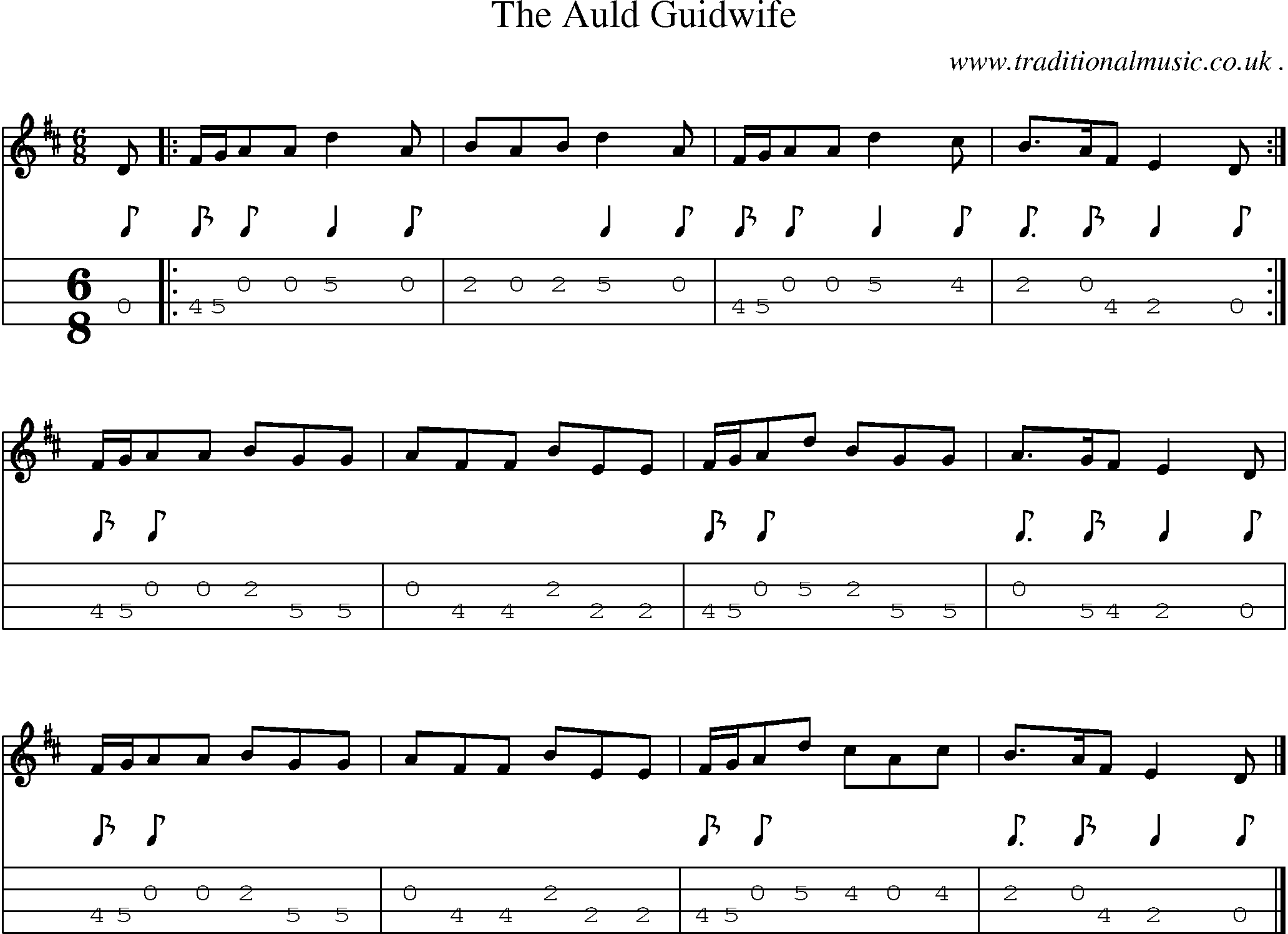 Sheet-music  score, Chords and Mandolin Tabs for The Auld Guidwife