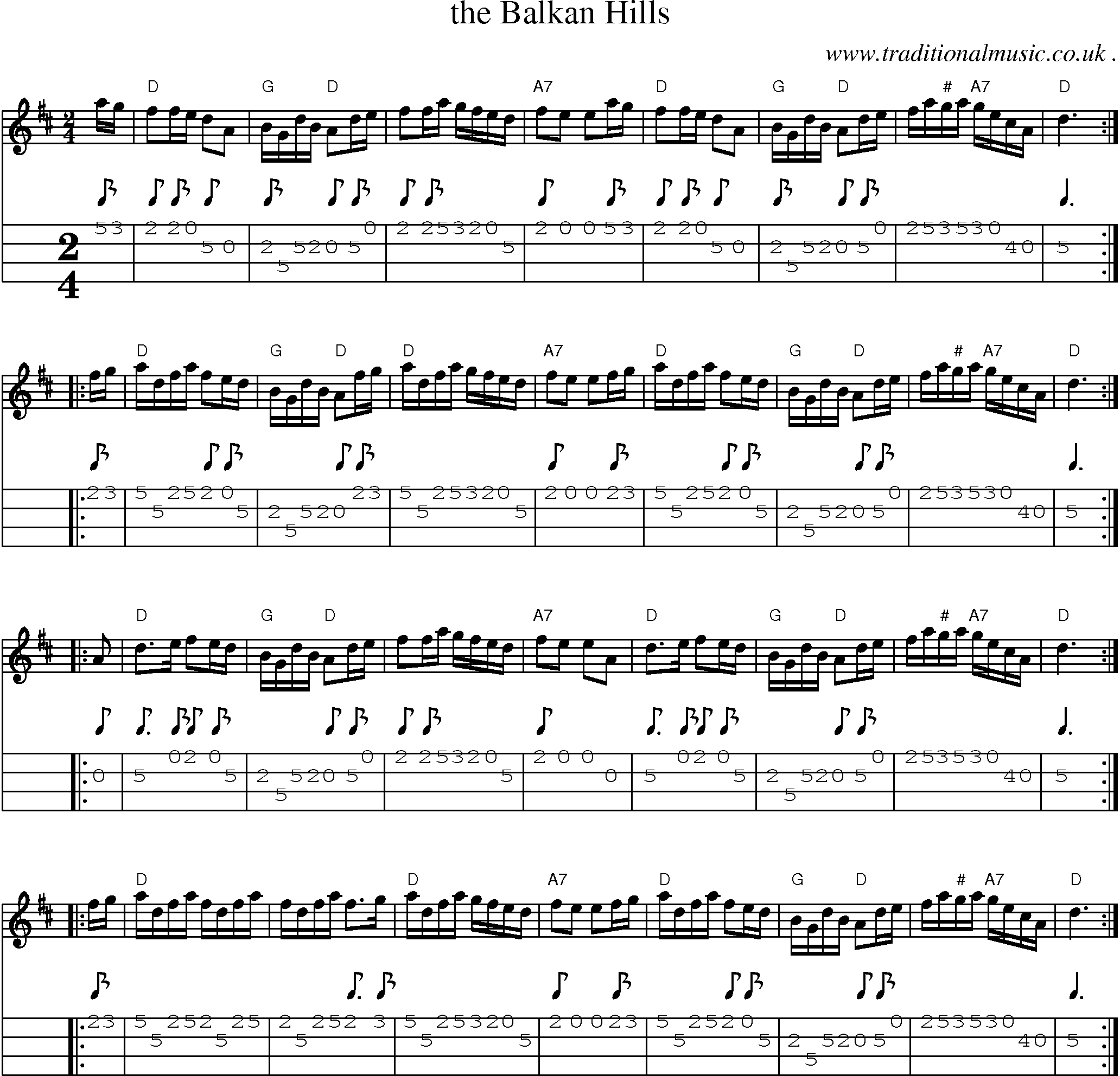 Sheet-music  score, Chords and Mandolin Tabs for The Balkan Hills
