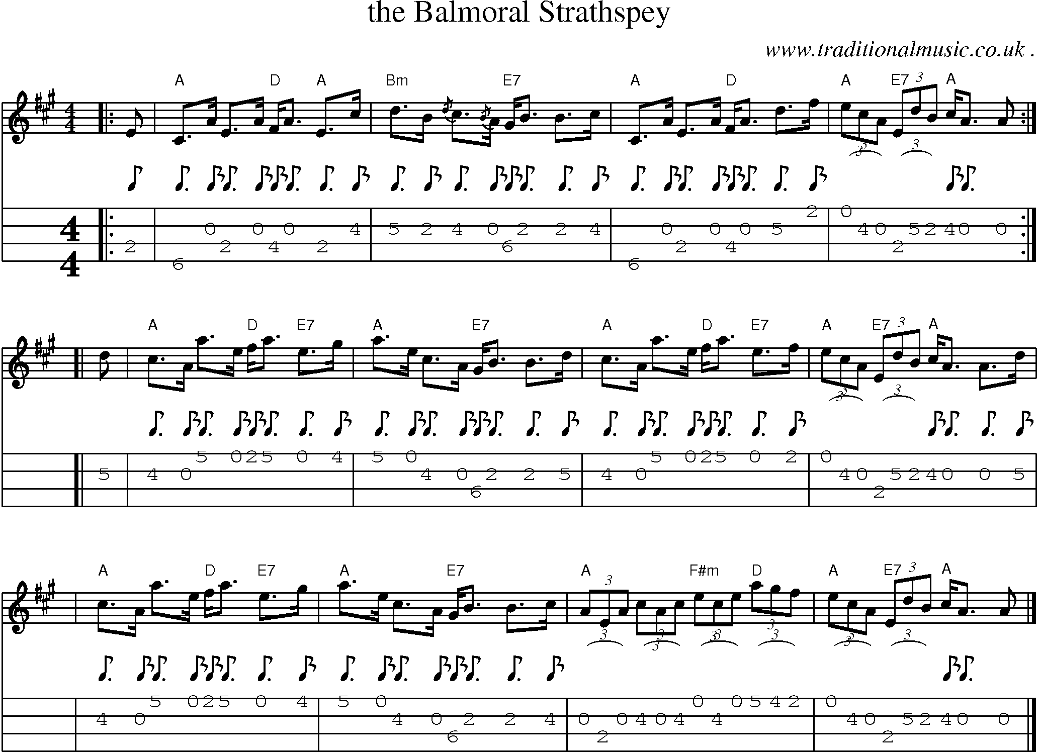 Sheet-music  score, Chords and Mandolin Tabs for The Balmoral Strathspey