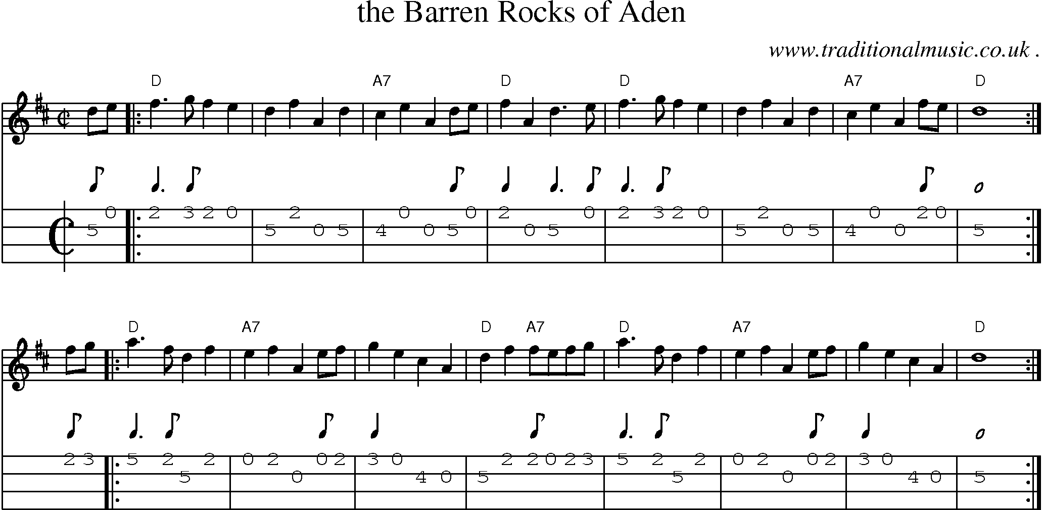 Sheet-music  score, Chords and Mandolin Tabs for The Barren Rocks Of Aden