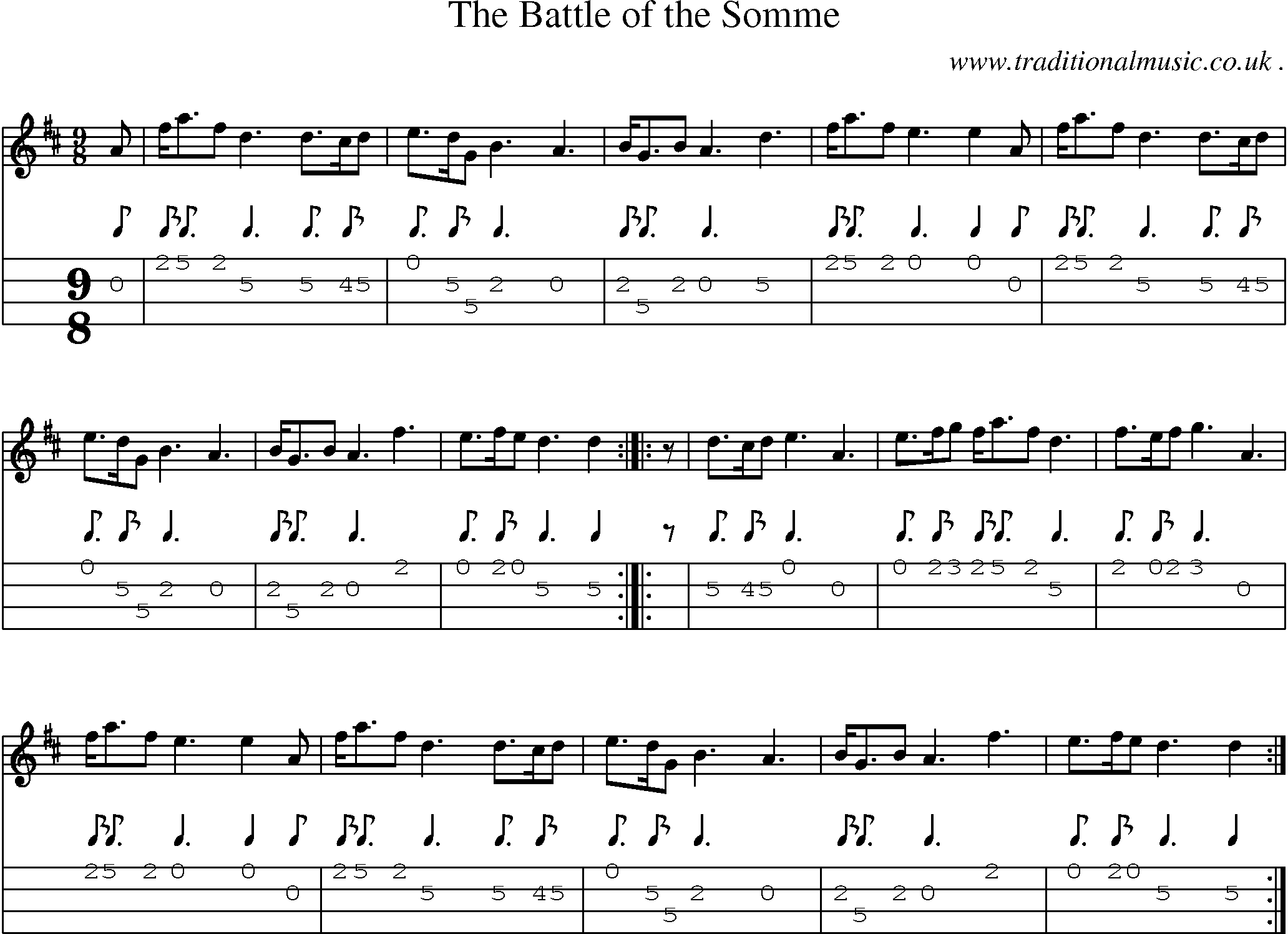 Sheet-music  score, Chords and Mandolin Tabs for The Battle Of The Somme