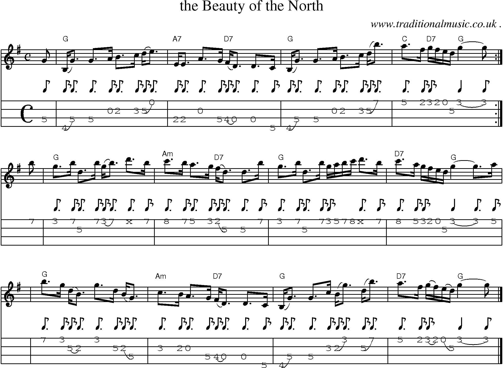 Sheet-music  score, Chords and Mandolin Tabs for The Beauty Of The North