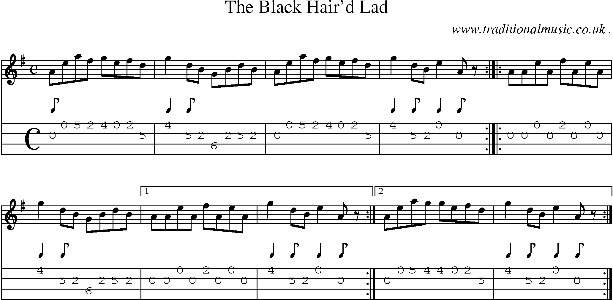 Sheet-music  score, Chords and Mandolin Tabs for The Black Haird Lad