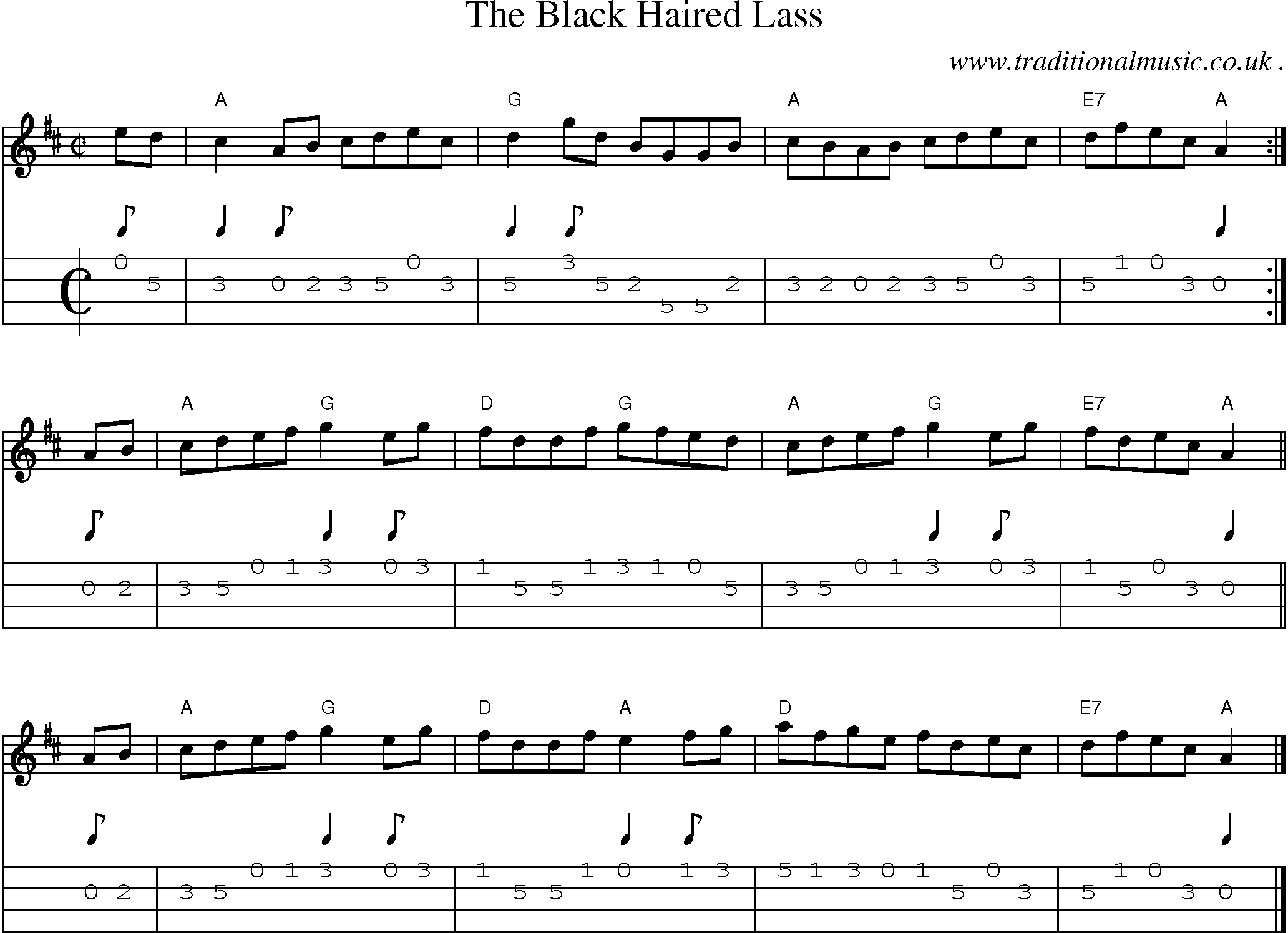 Sheet-music  score, Chords and Mandolin Tabs for The Black Haired Lass