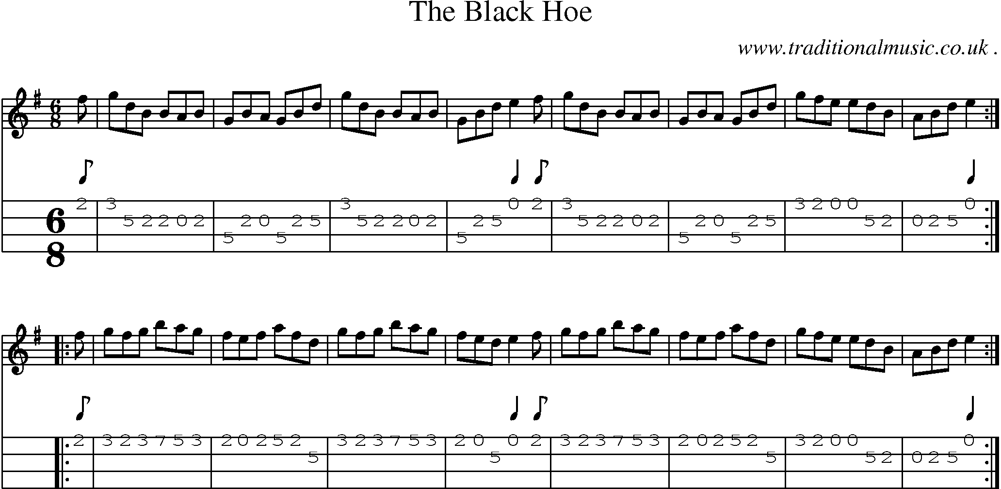 Sheet-music  score, Chords and Mandolin Tabs for The Black Hoe
