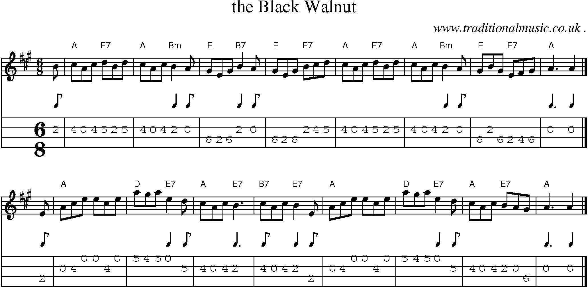 Sheet-music  score, Chords and Mandolin Tabs for The Black Walnut