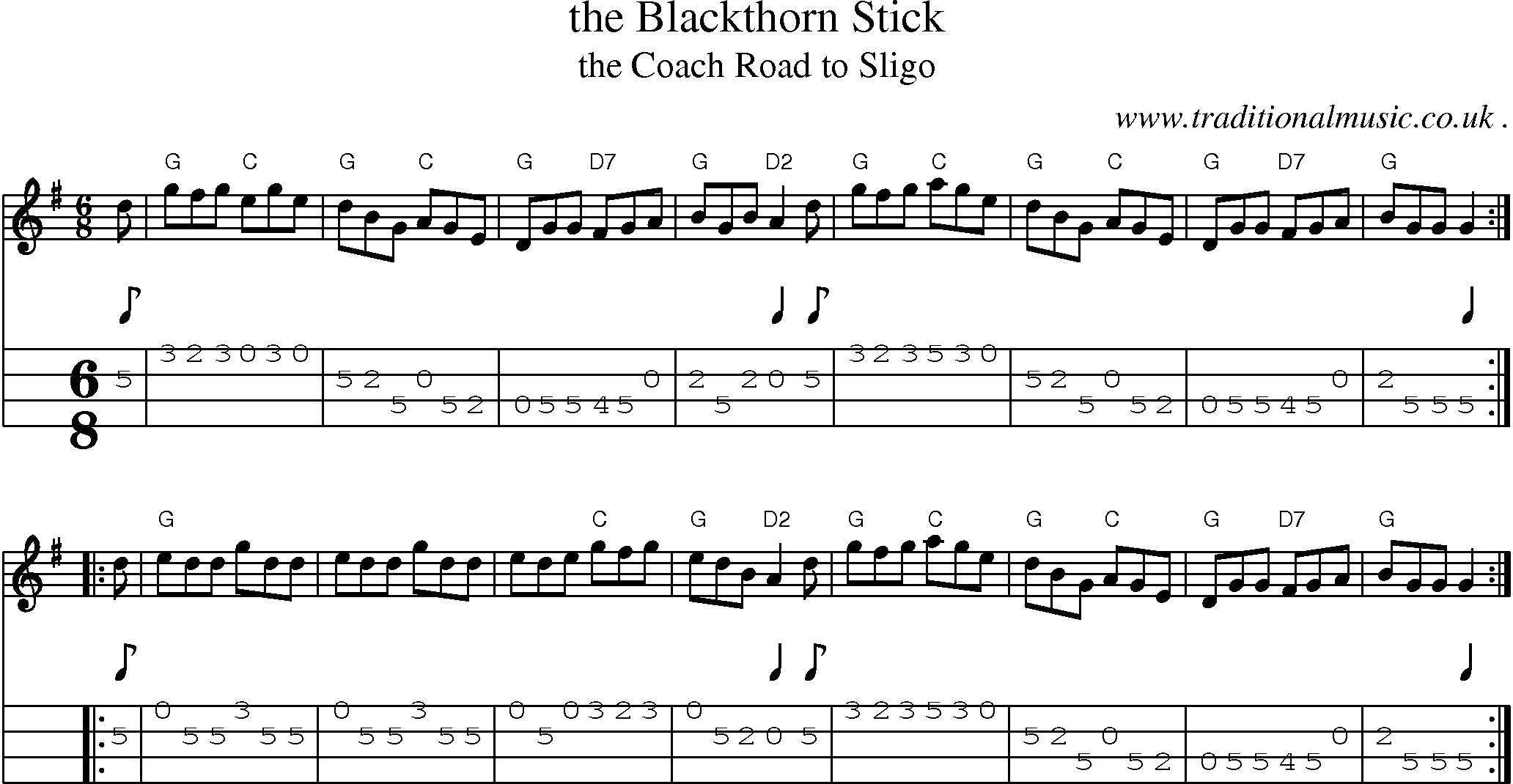 Sheet-music  score, Chords and Mandolin Tabs for The Blackthorn Stick