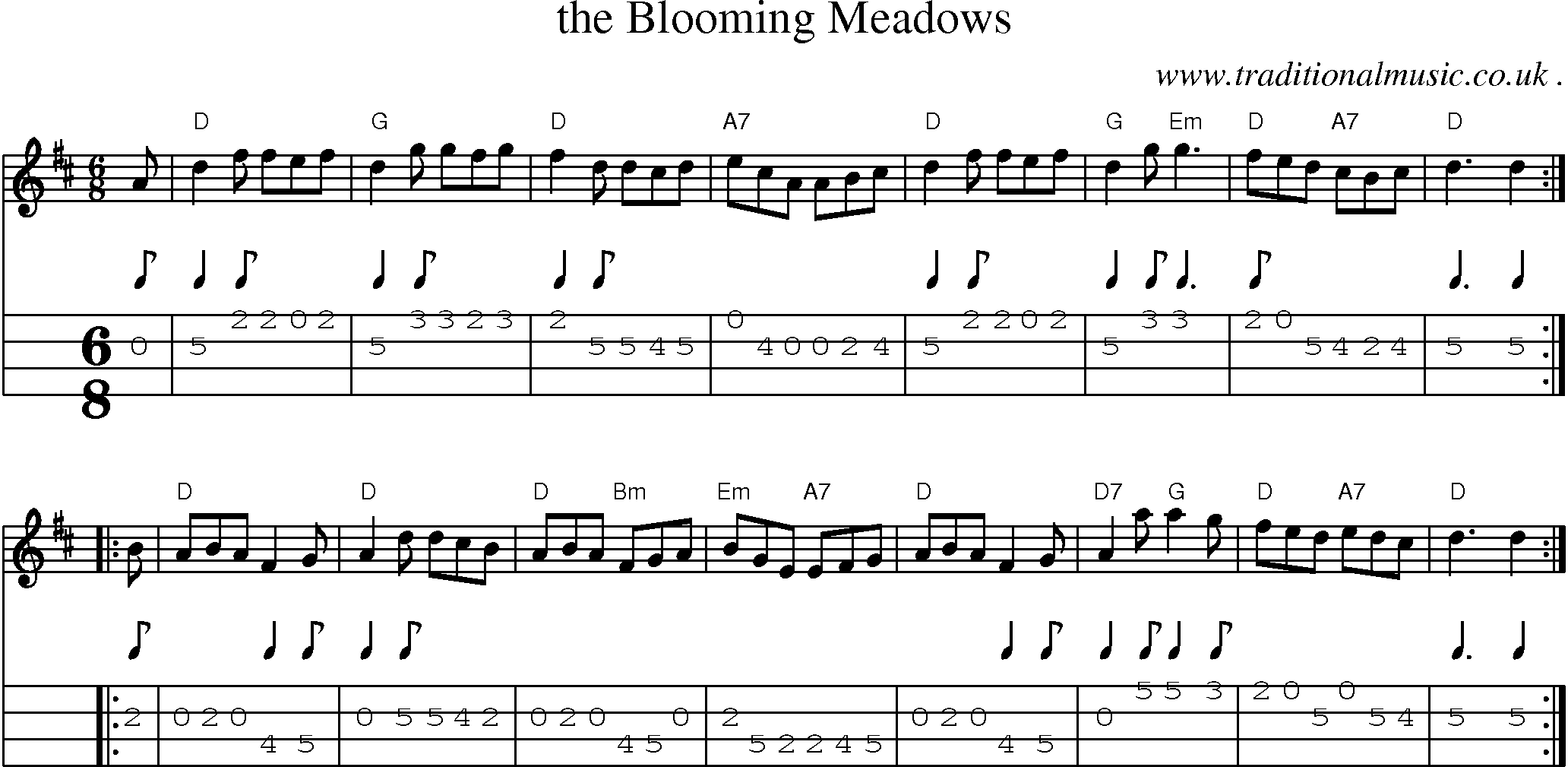 Sheet-music  score, Chords and Mandolin Tabs for The Blooming Meadows