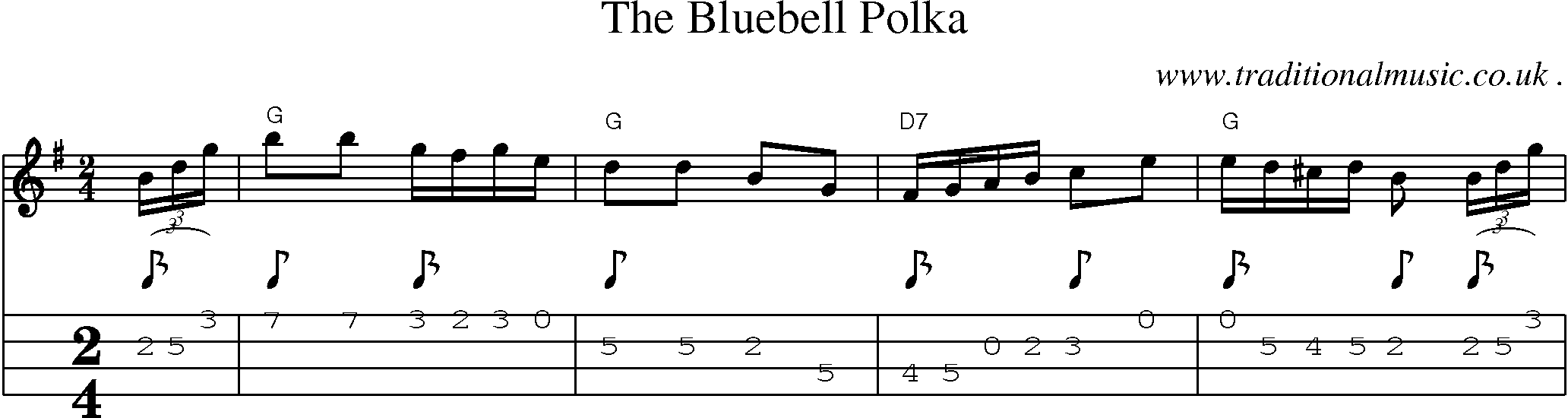 Sheet-music  score, Chords and Mandolin Tabs for The Bluebell Polka